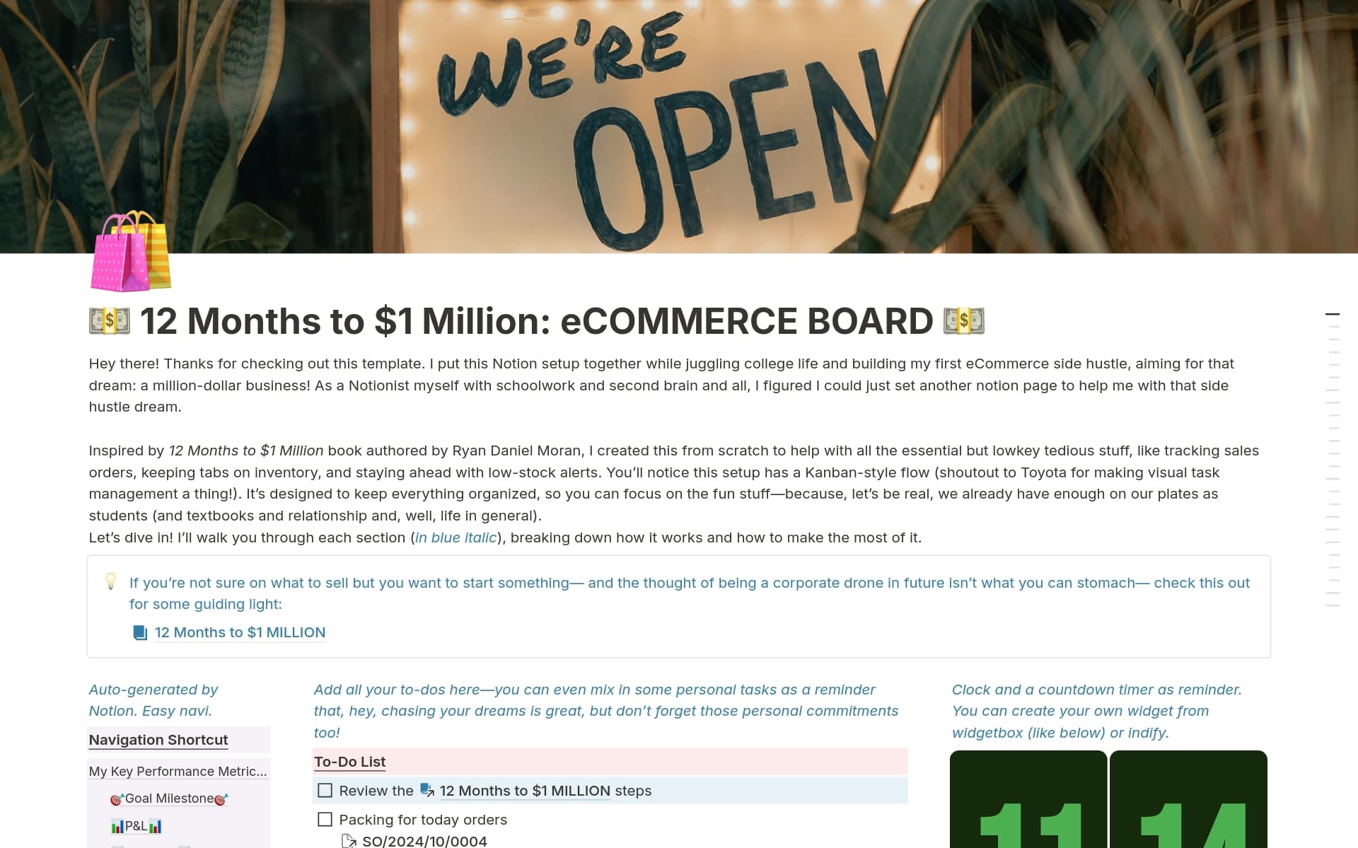 Notion template to help students organize their eCommerce business, with Kanban-style sales purchase orders tracking, inventory level management and smart filters, customer and supplier databases, profit & loss report and goal milestone tracking.