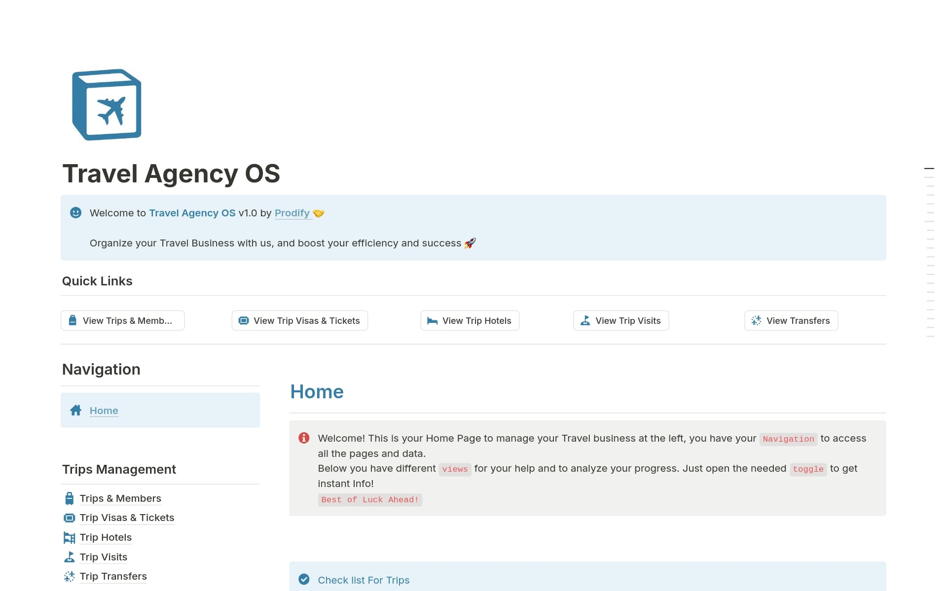 A template preview for Travel Agency OS