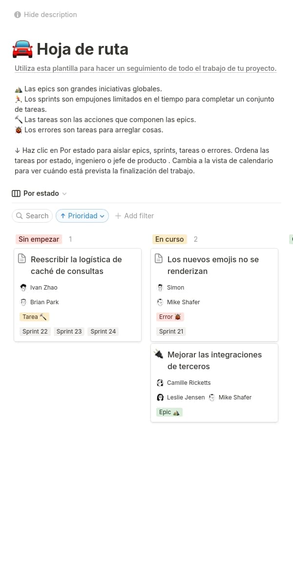 Una captura de pantalla de la aplicación móvil de Notion