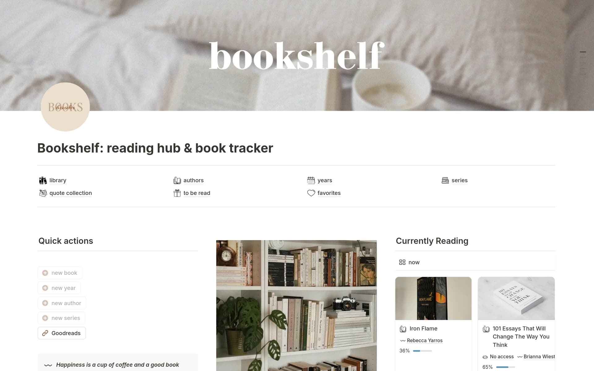 A template preview for Bookshelf: reading hub & book tracker