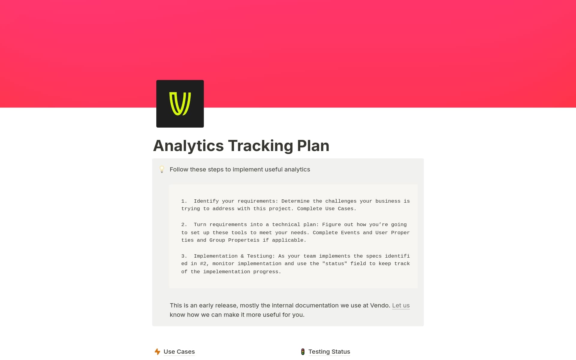 A template preview for Analytics tracking plan