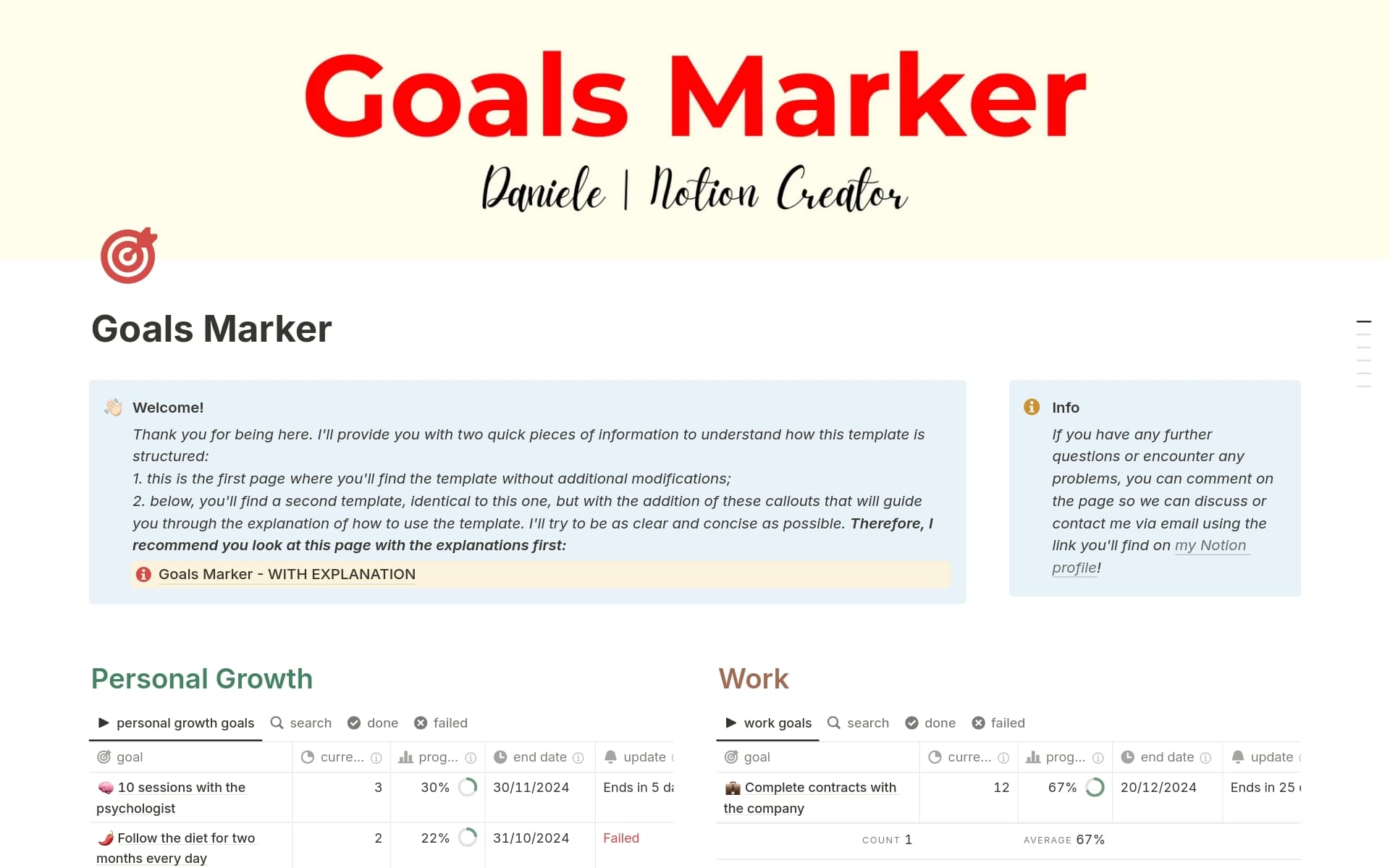 A template preview for Goals Marker