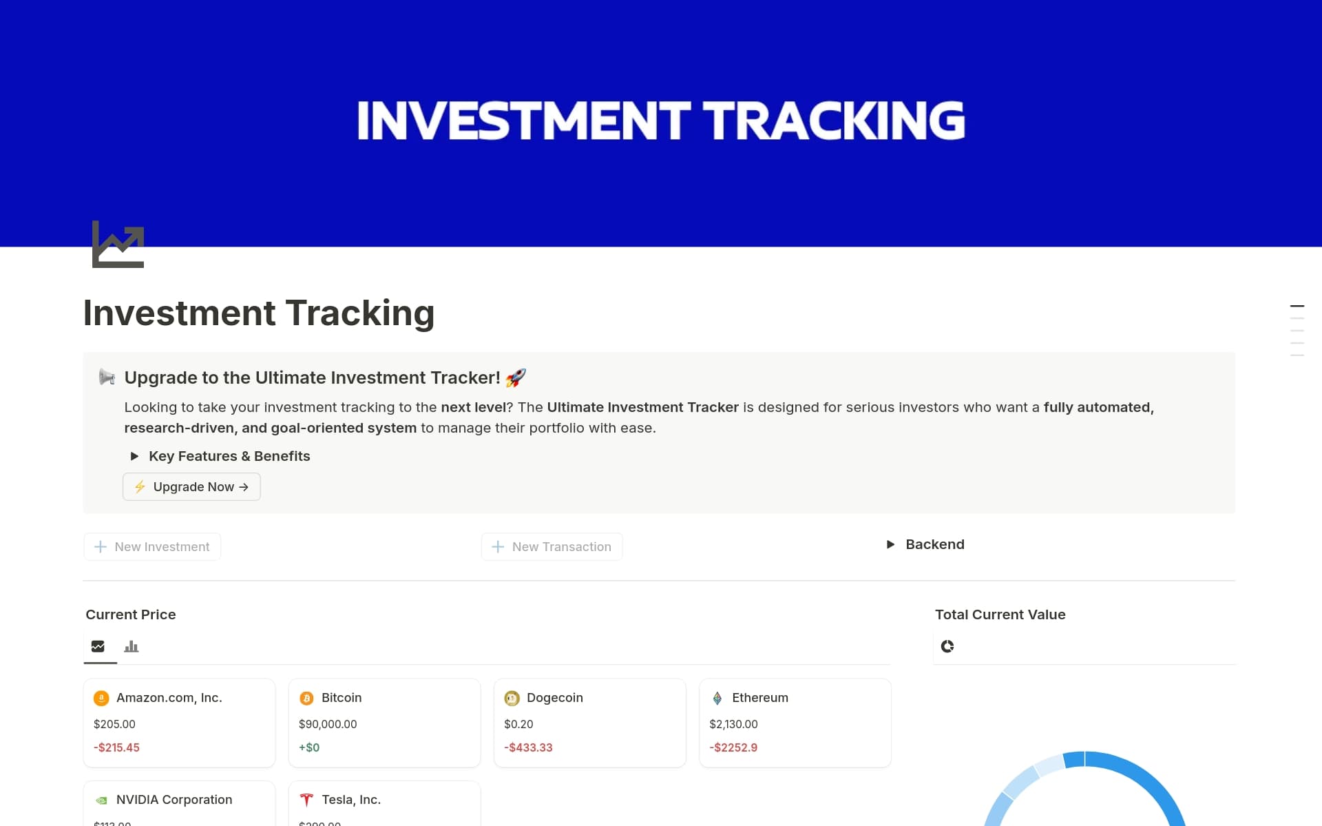 A template preview for Investment Tracking