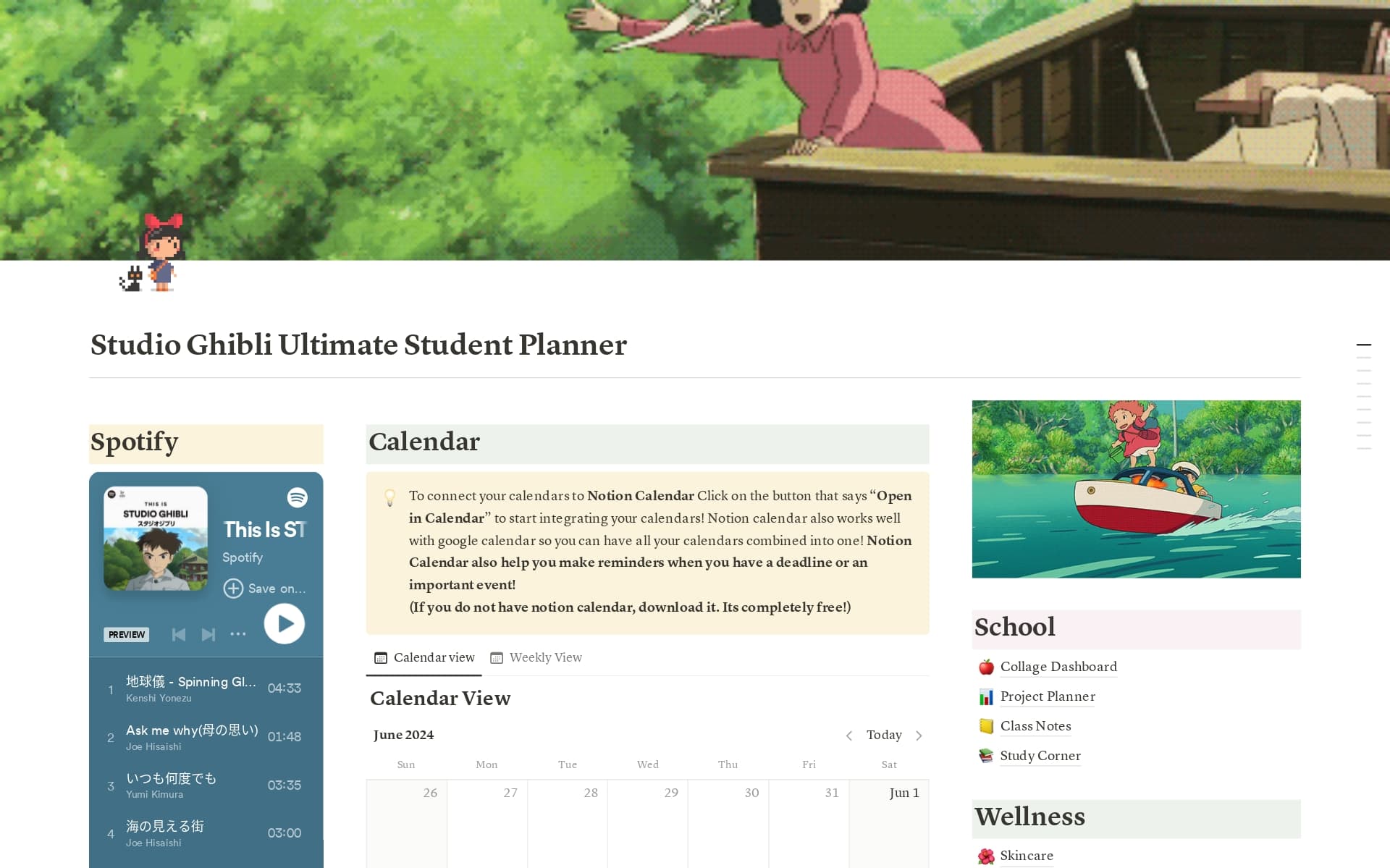 Inspired by Studio Ghibli, it includes: College Dashboard, Project Planner, Class Notes, Study Corner, Skincare Tracker, Mental Health Resources, Nutrition Log, Spotify Widget, Pomodoro Timer, Anime Watchlist, & More! Let Studio Ghibli charm guide your academic journey!