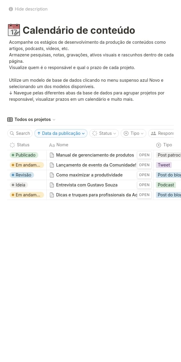 Captura de tela do aplicativo móvel do Notion