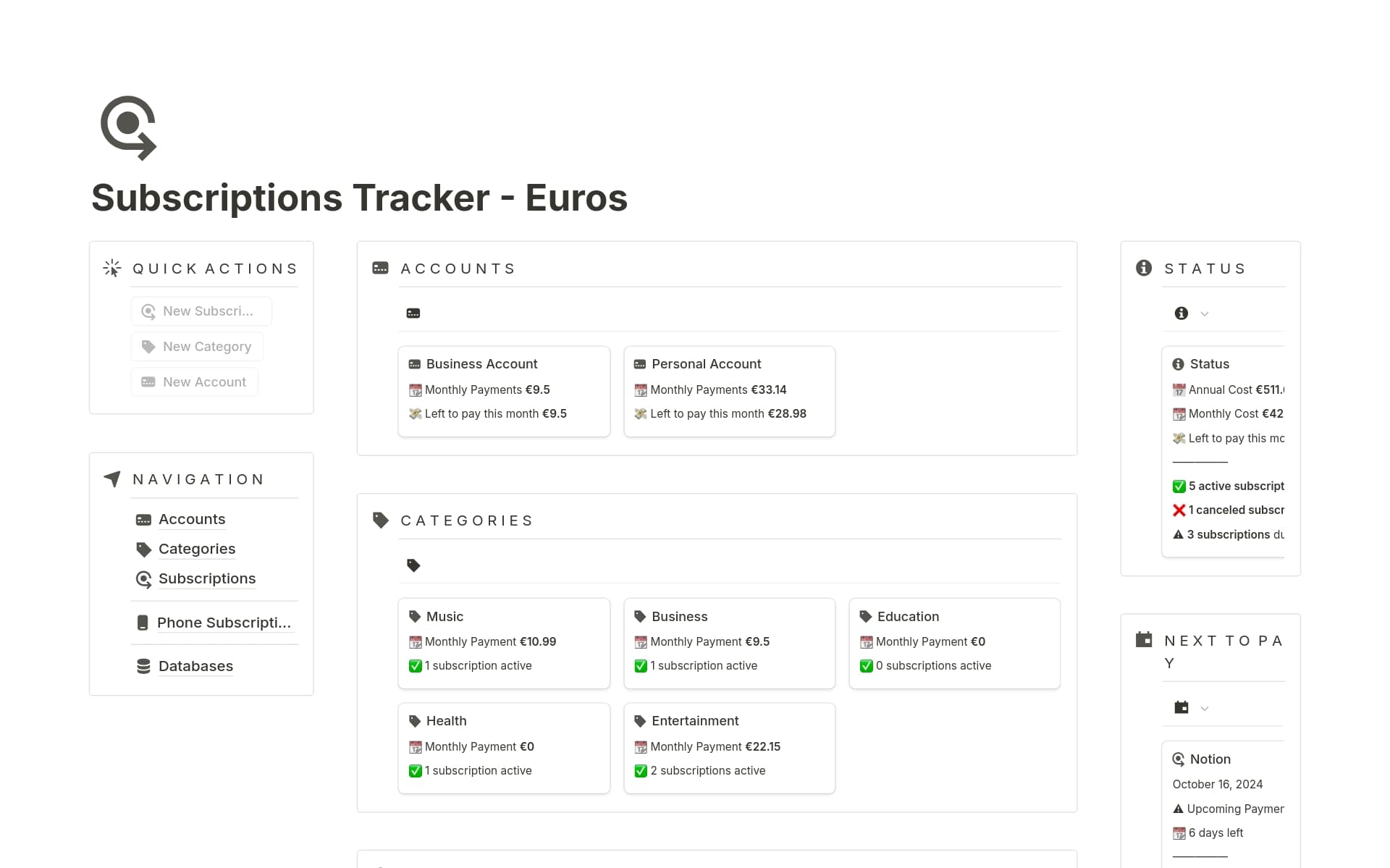 Vista previa de una plantilla para Subscriptions Tracker