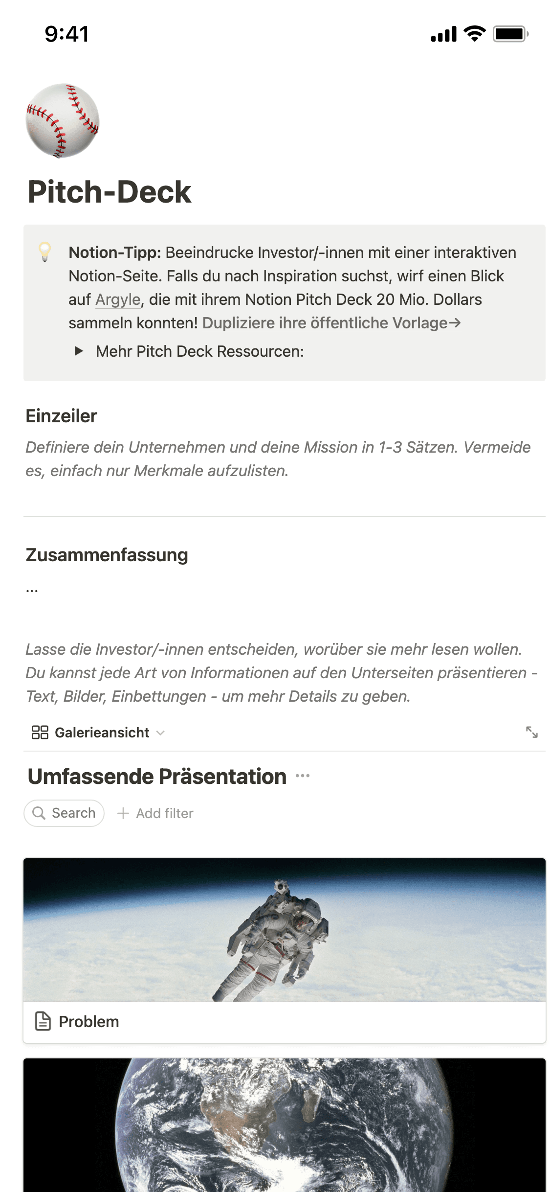 Screenshot der mobilen Notion-App