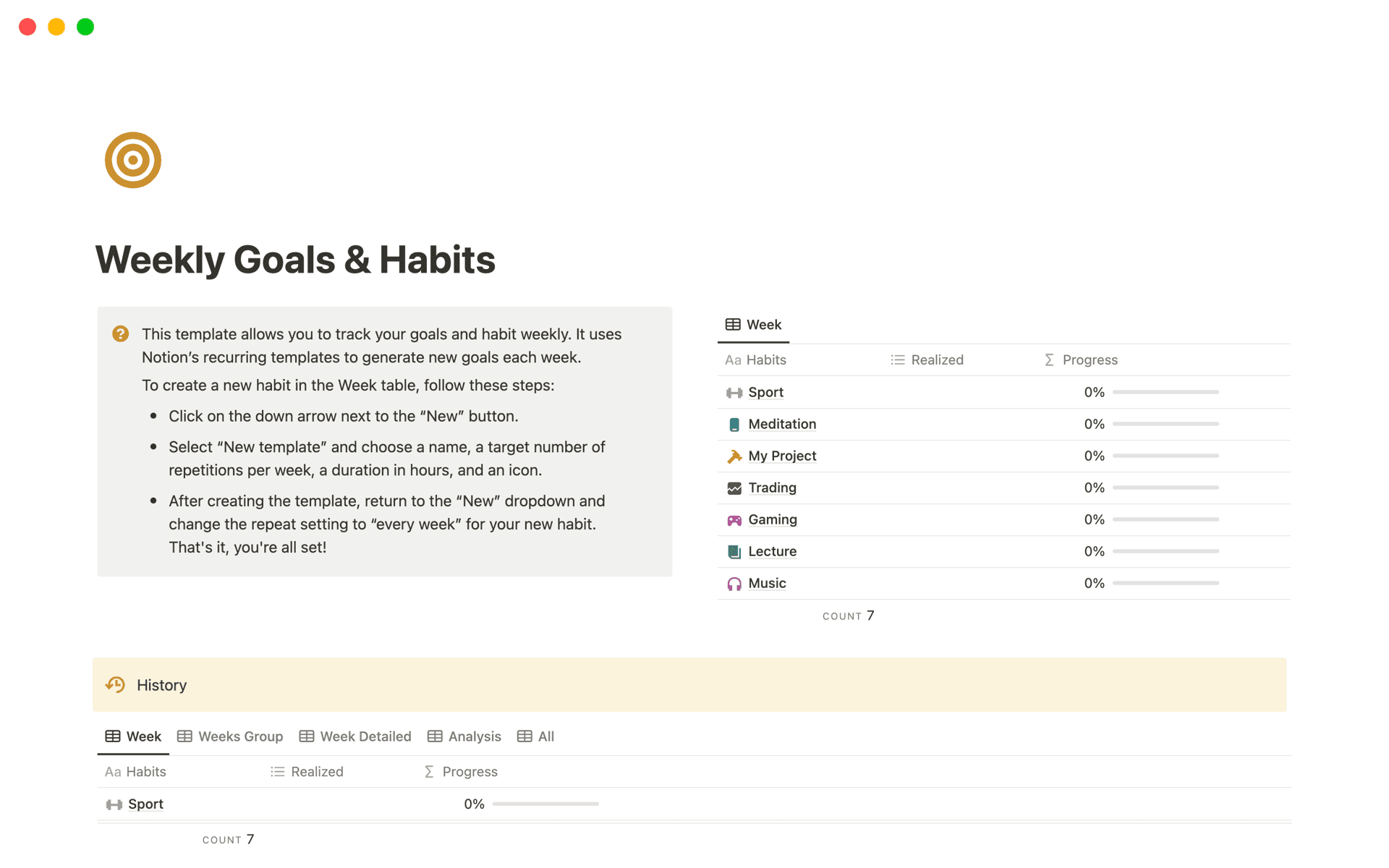 This template allows you to track your goals and habit weekly. It uses Notion’s recurring templates to generate new goals each week.