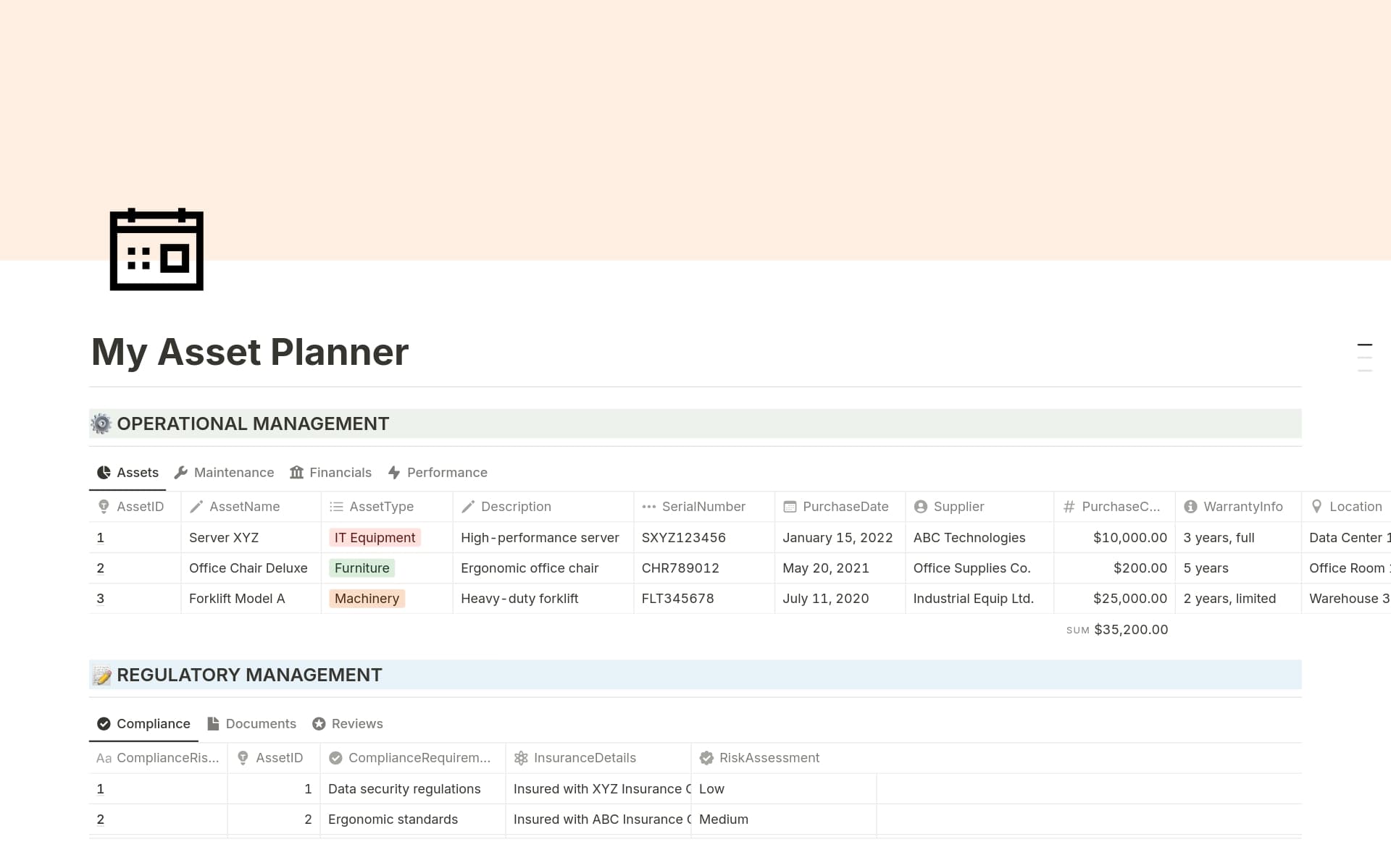 A template preview for My Asset Planner