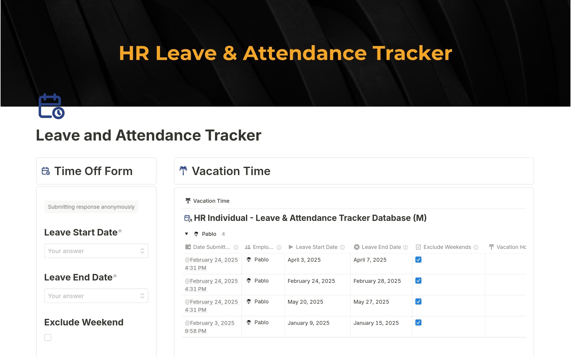 A template preview for HR Leave & Attendance Tracker