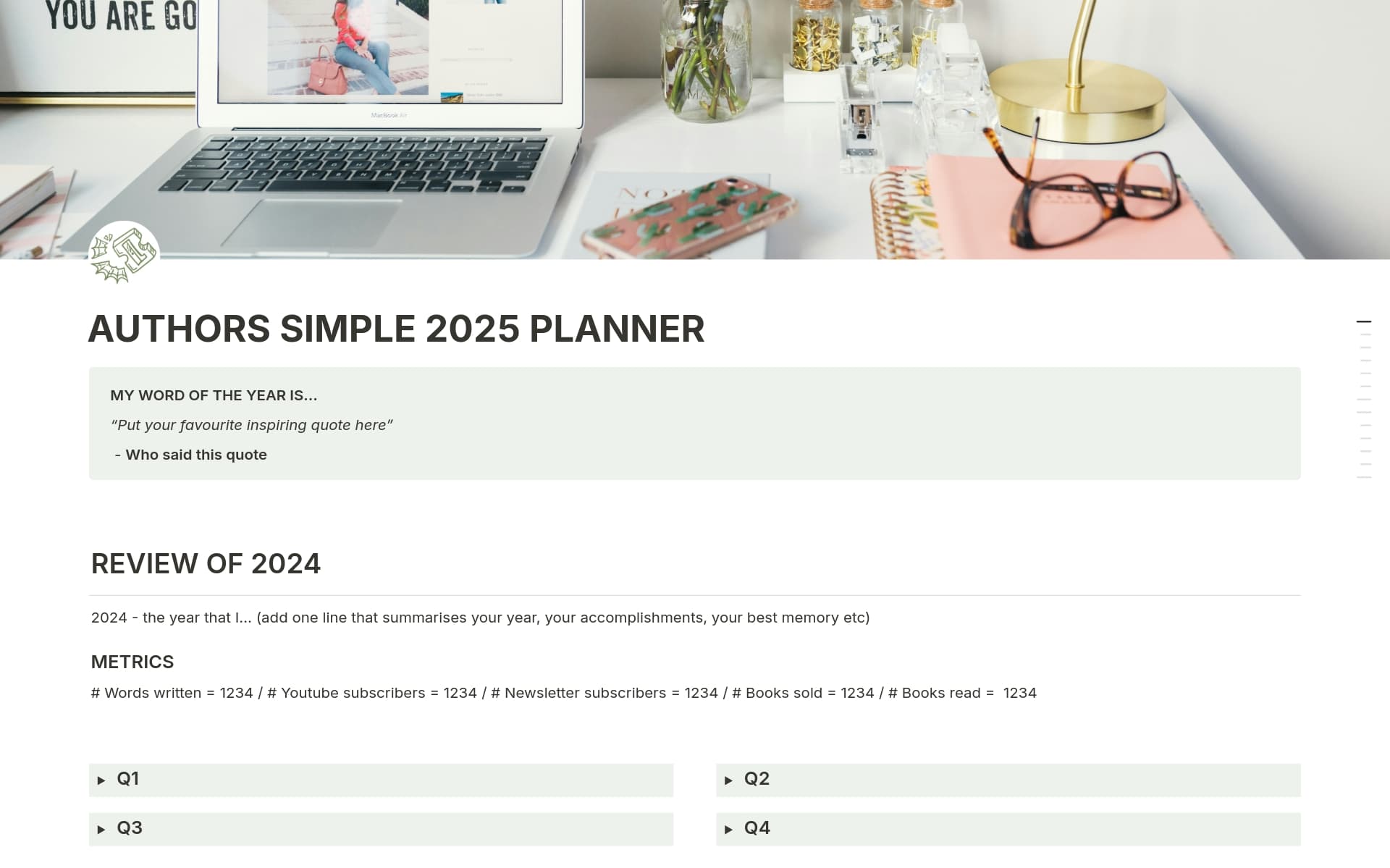 A template preview for Authors Simple 2025 Planner