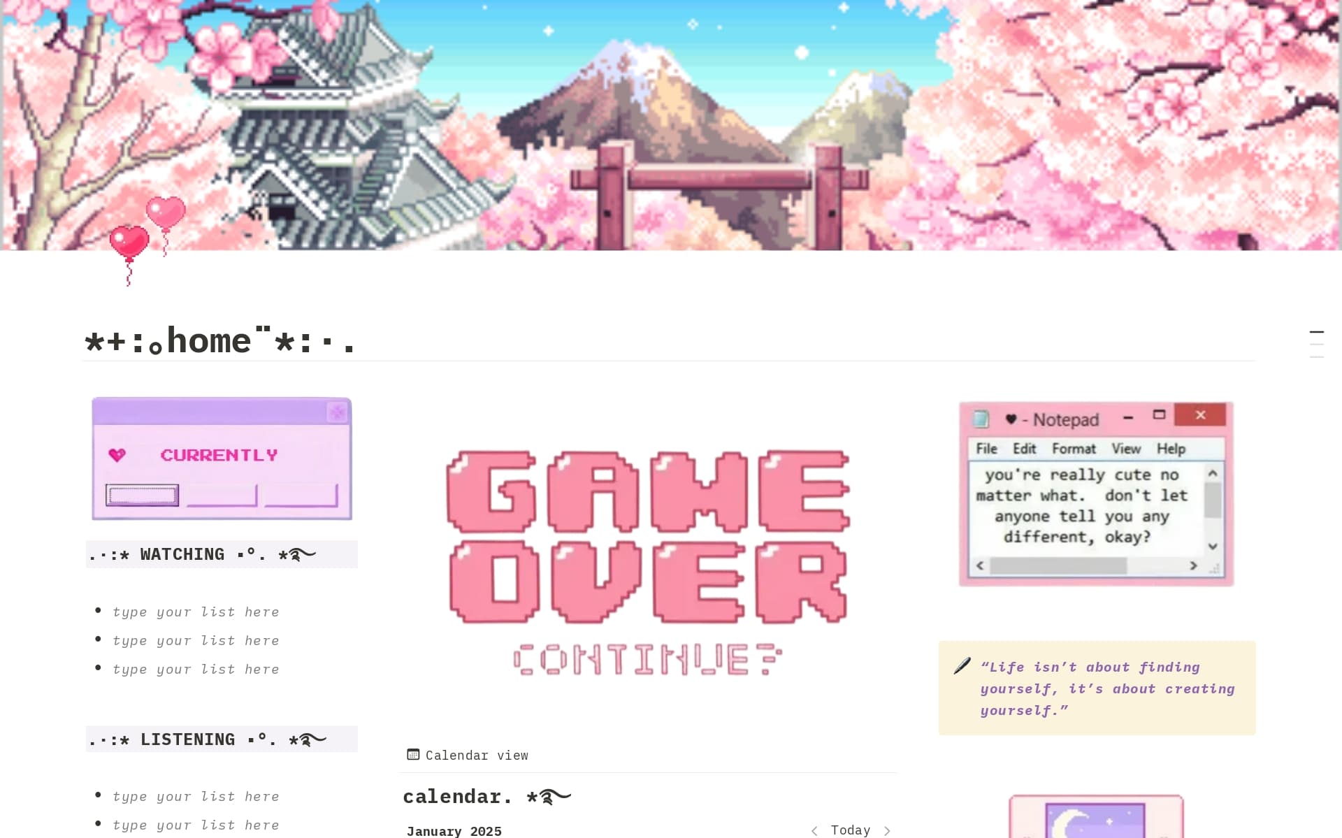 This template follows a cute and gamer aesthetic throughout its pages, helping you plan and organize your life.