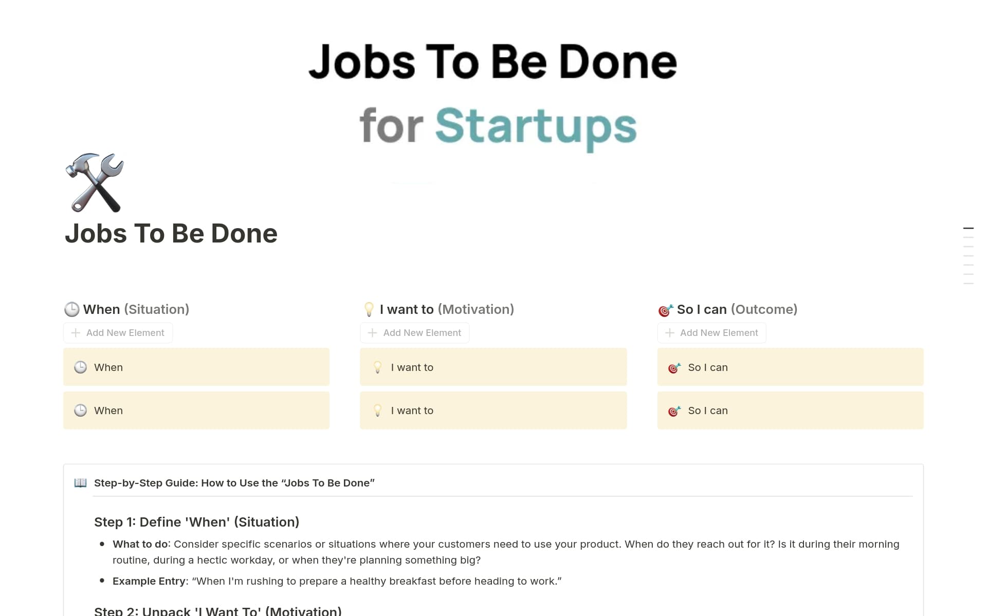 A template preview for Jobs To Be Done for Startups
