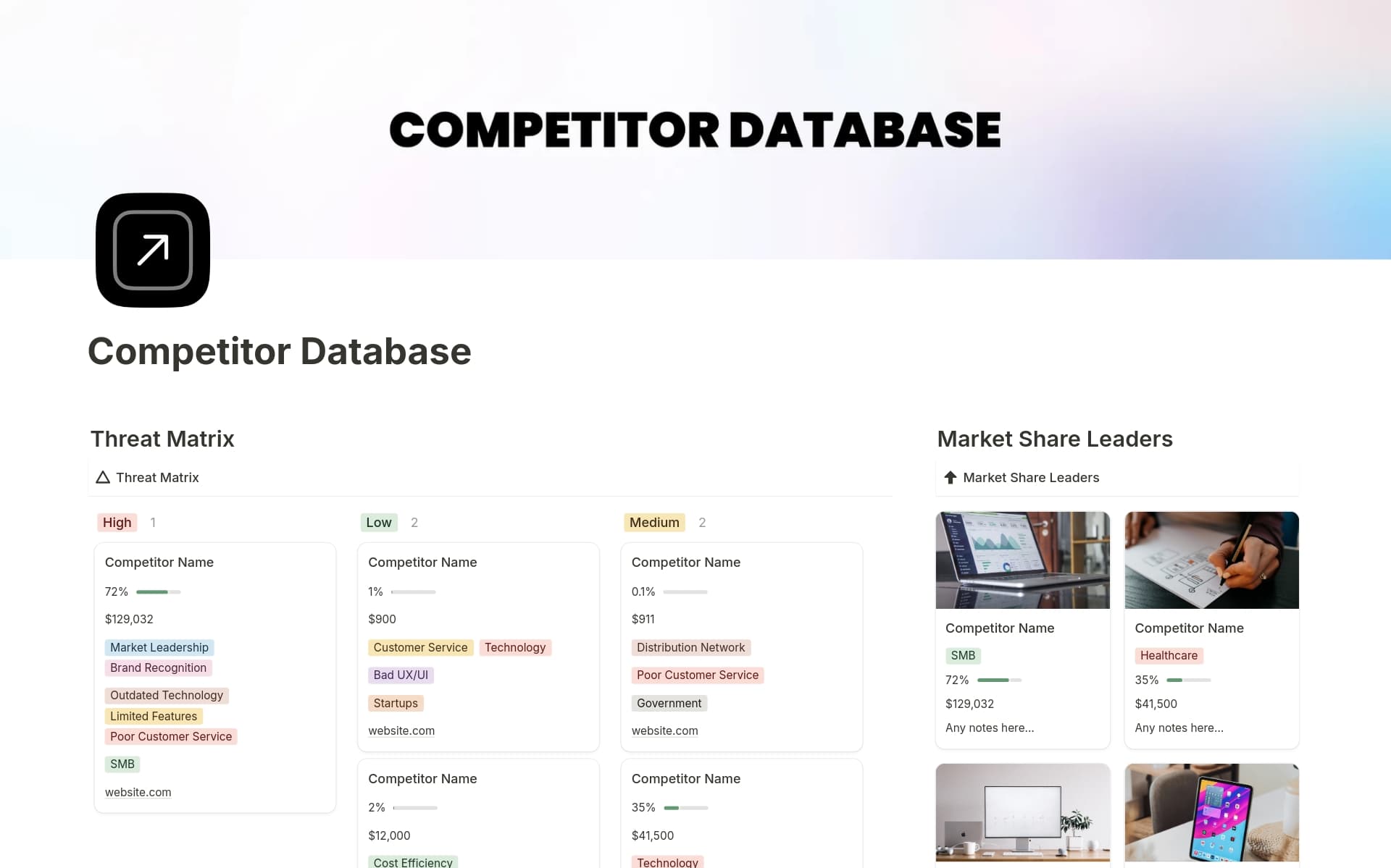 A template preview for Competitor Database