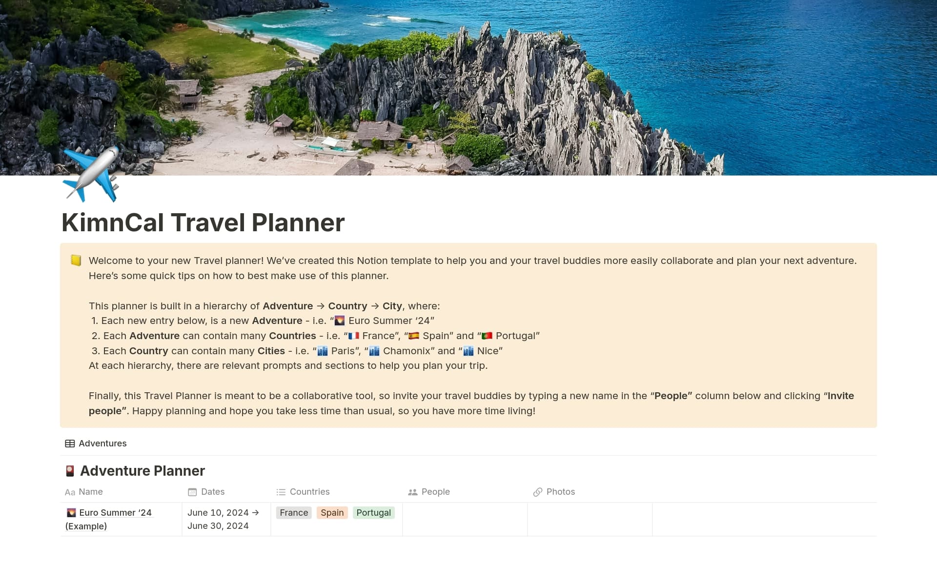 A template preview for Travel Planner