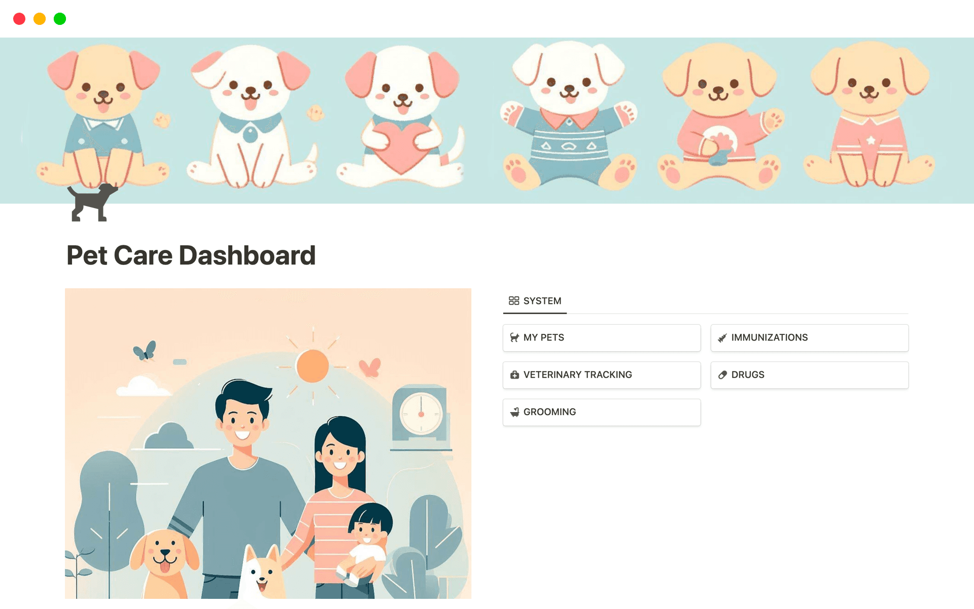 A template preview for Pet Care Dashboard