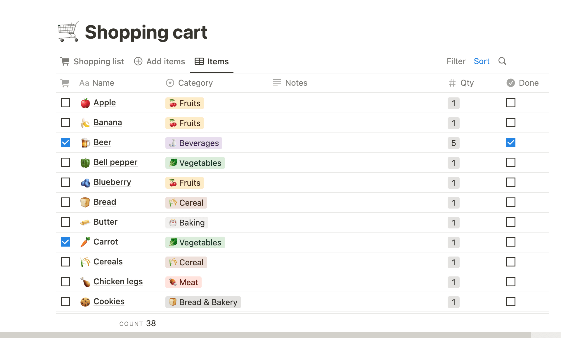 A template preview for Simple shopping list