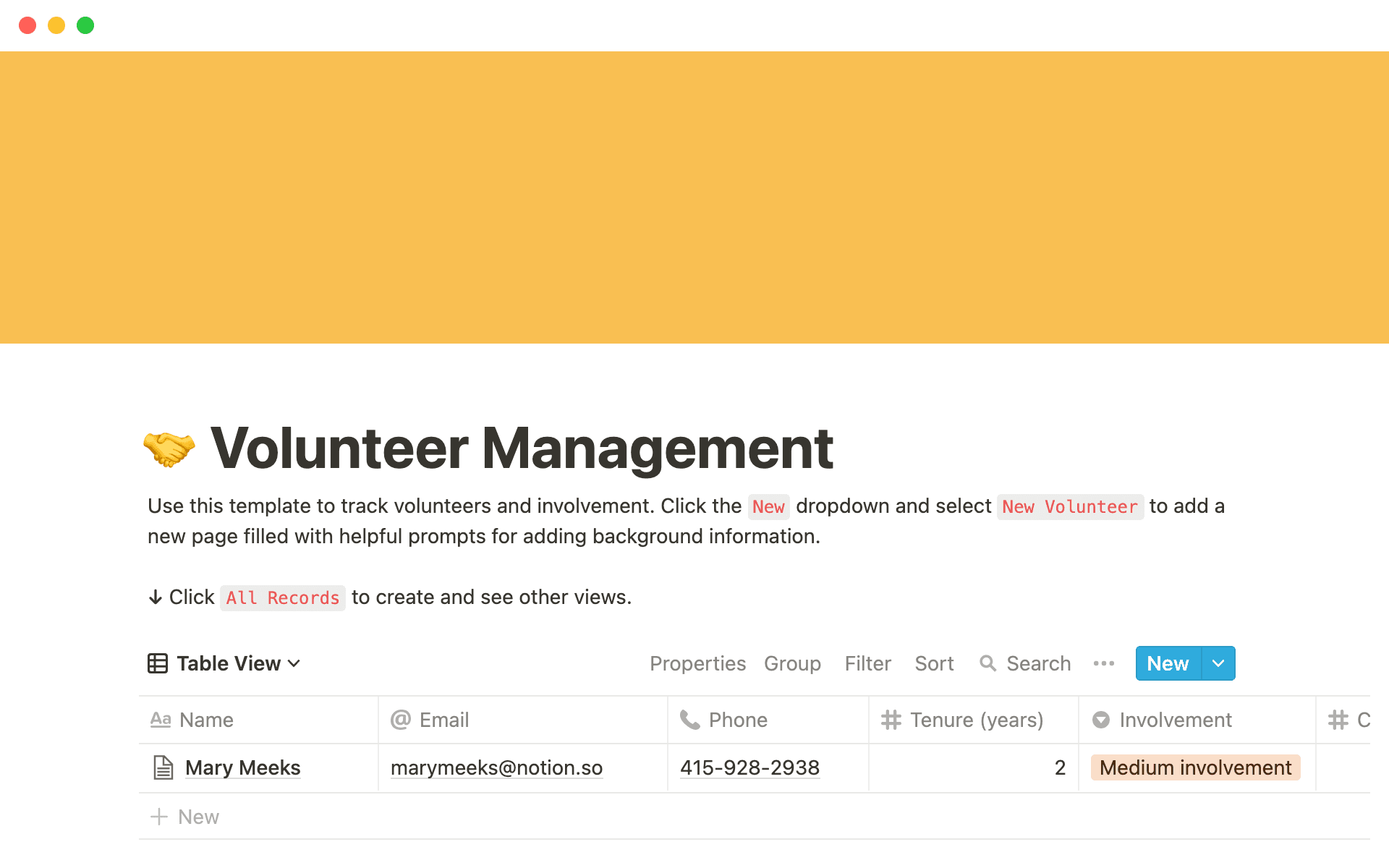 A template preview for Volunteer management