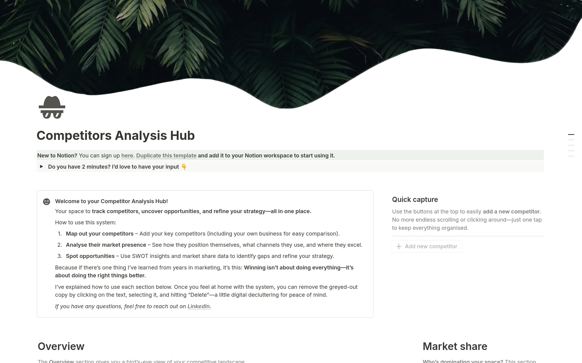 A template preview for Competitor Analysis Hub