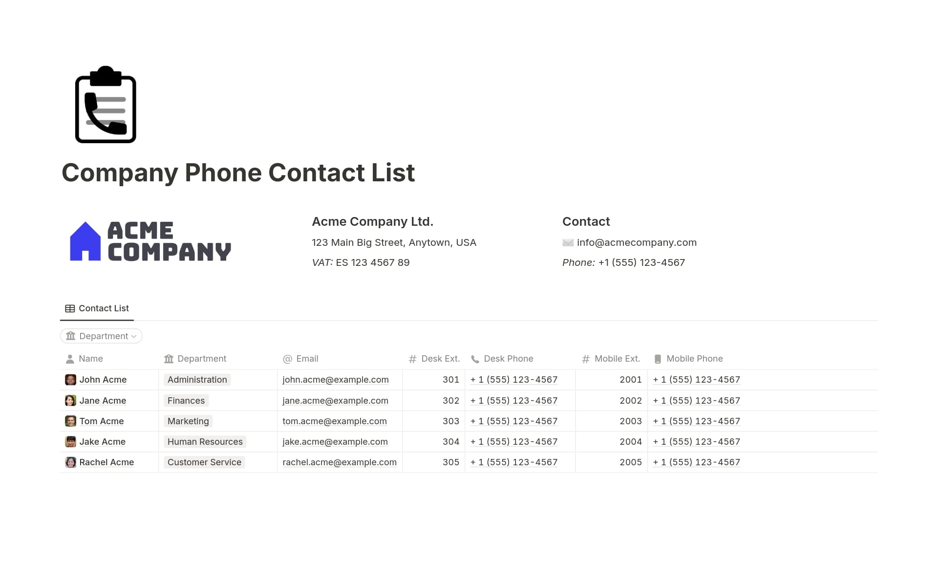 This Notion template is your go-to for keeping track of everyone's digits in the office. Whether you need to dial up a colleague's desk phone or shoot them a quick email, this template makes it a breeze.