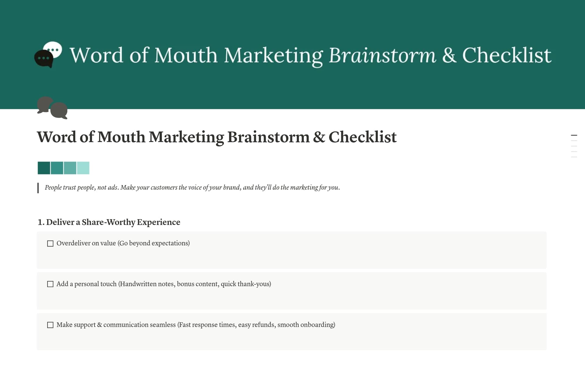 Turn happy customers into your best marketers. This Word of Mouth Marketing Brainstorm and Checklist is your all-in-one Notion space to spark ideas and create powerful organic buzz.