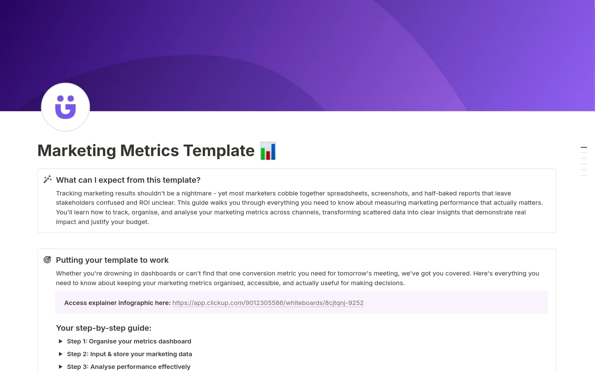 A template preview for Marketing Metrics