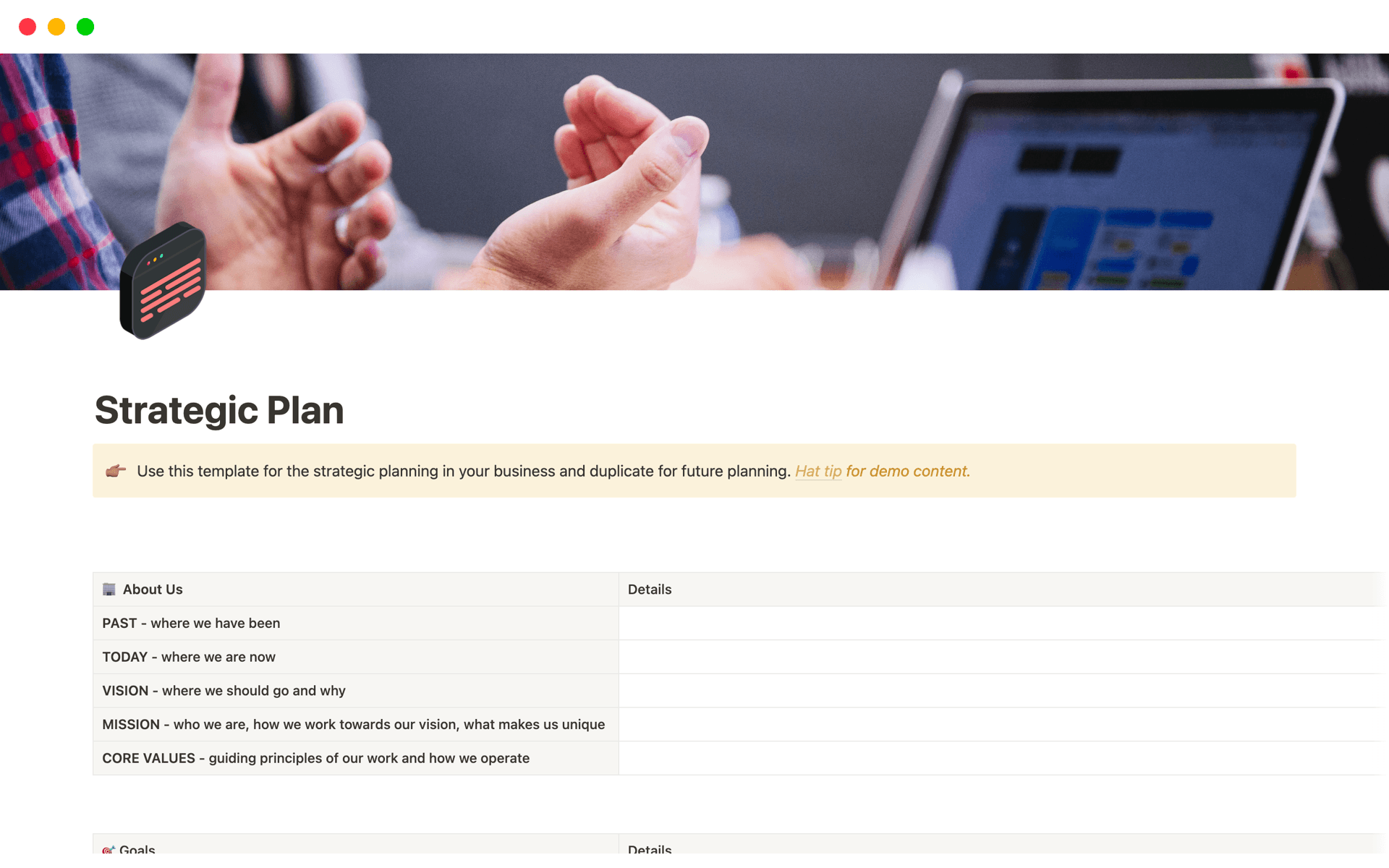Align key stakeholders with this strategic planning template. Outline your company’s mission, goals, objectives, and action plans to unify your organization and drive consistent progress toward shared success.