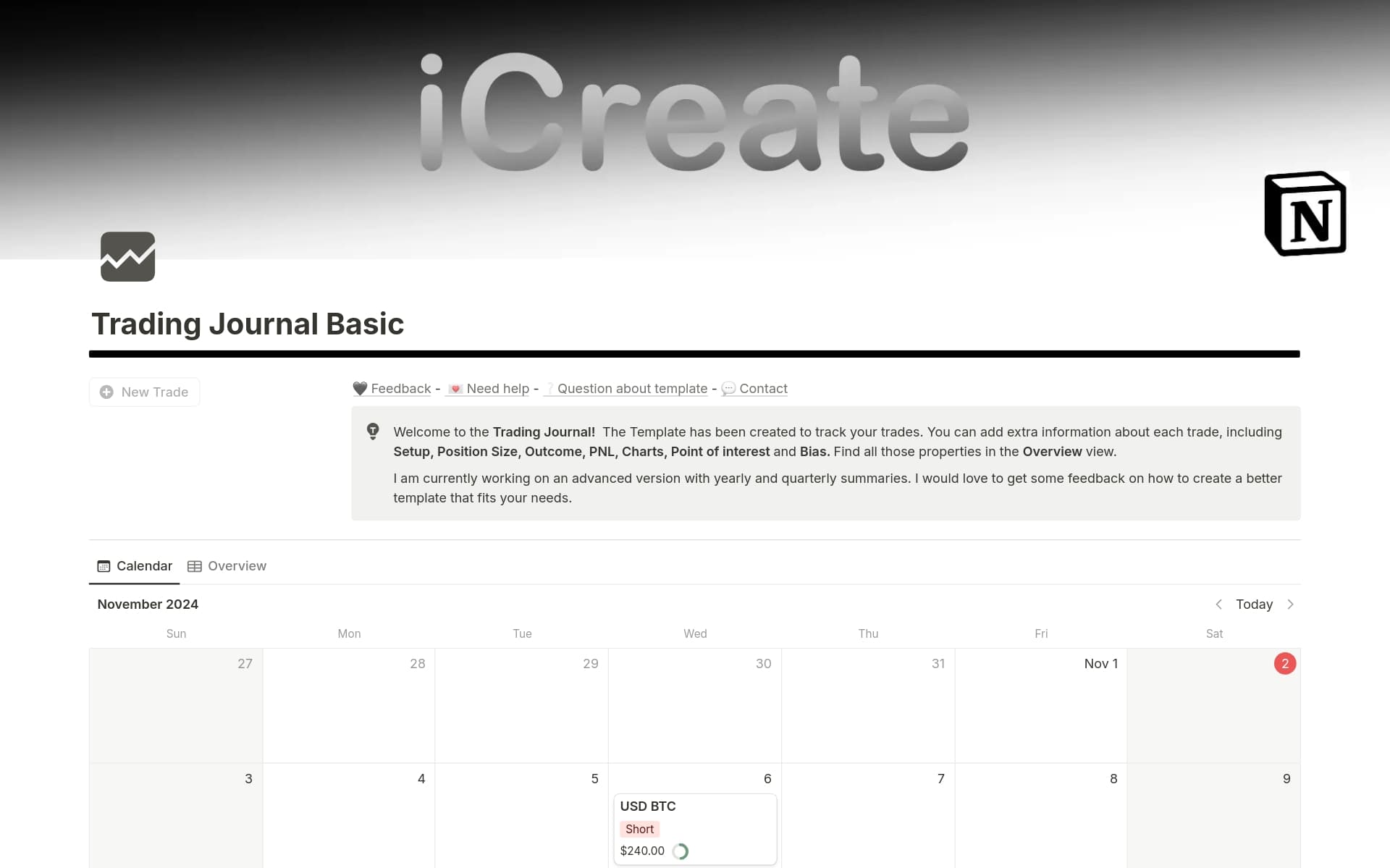 A template preview for Trading Journal Basic