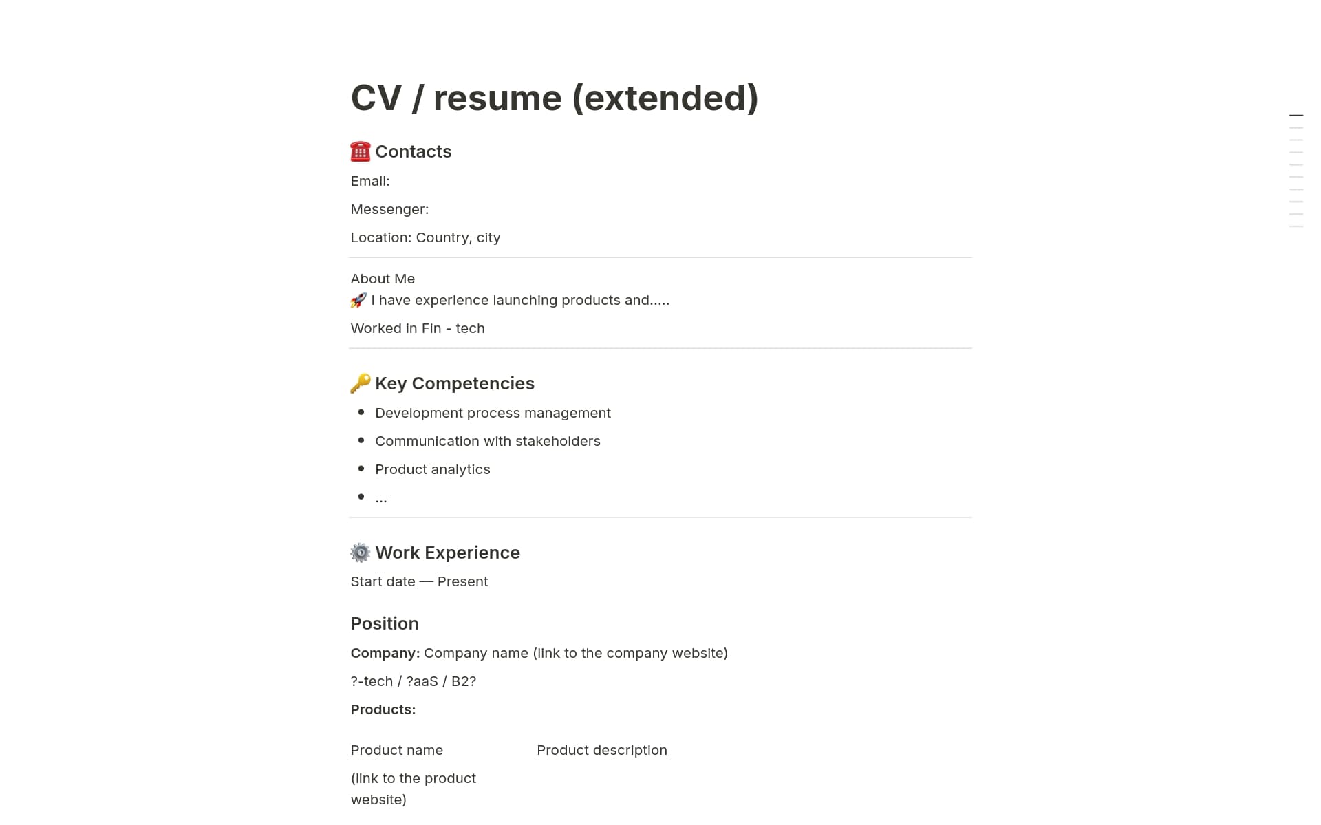 A template preview for CV / resume (extended)