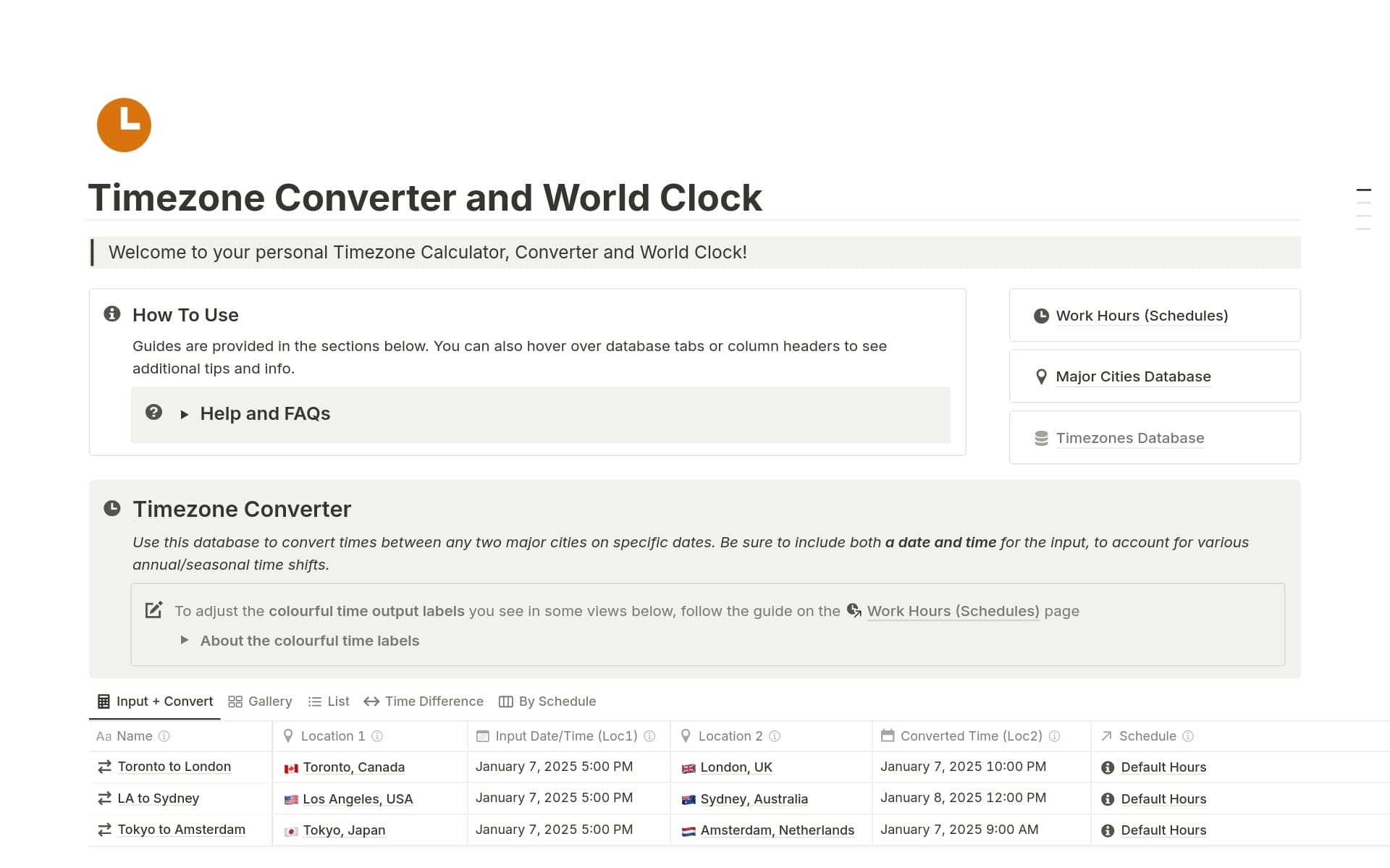 A template preview for Timezone Converter and World Clock