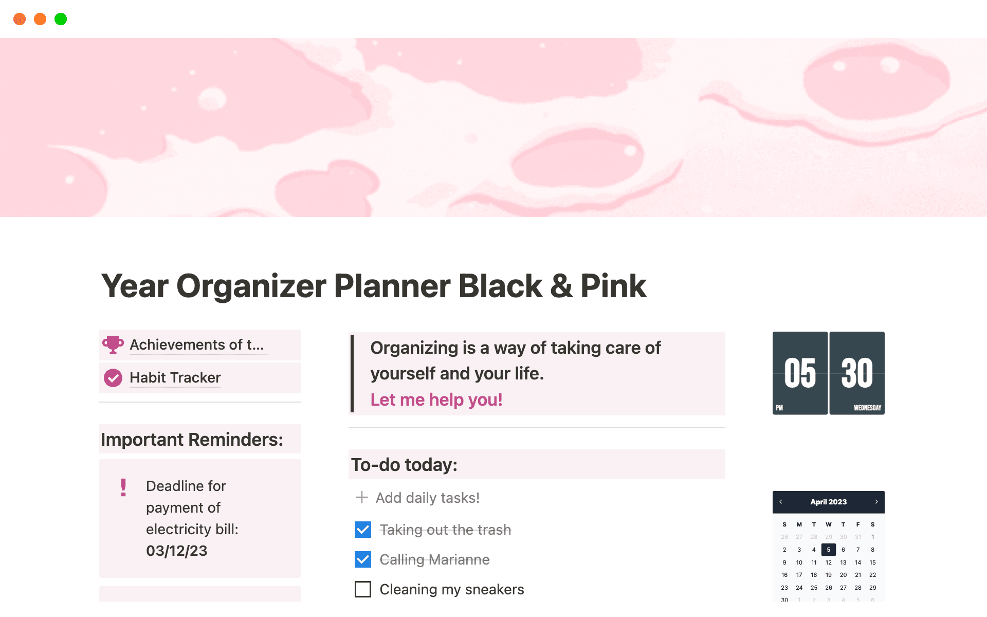 A template preview for Year Organizer Planner Black & Pink