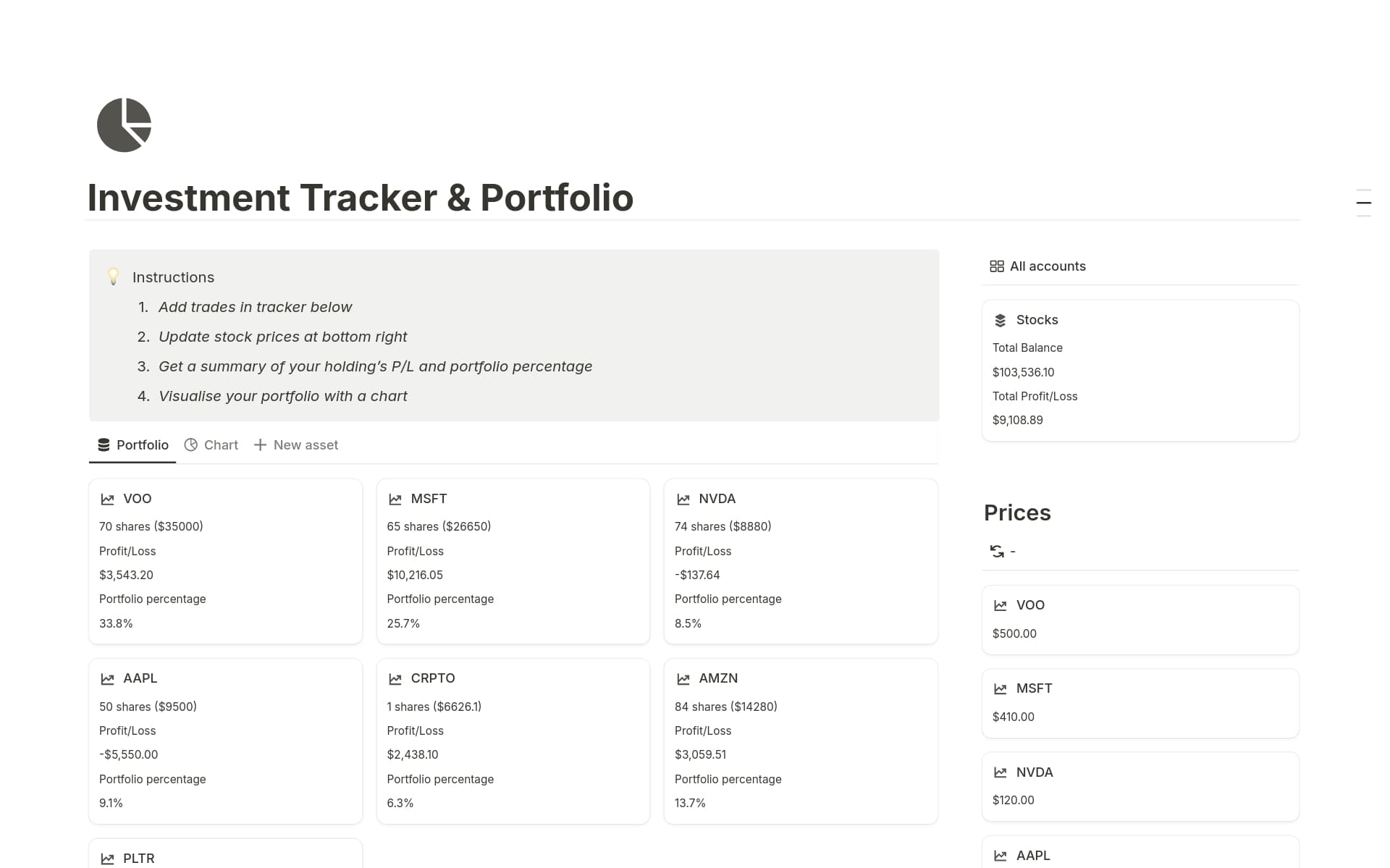 A template preview for Investment Tracker & Portfolio