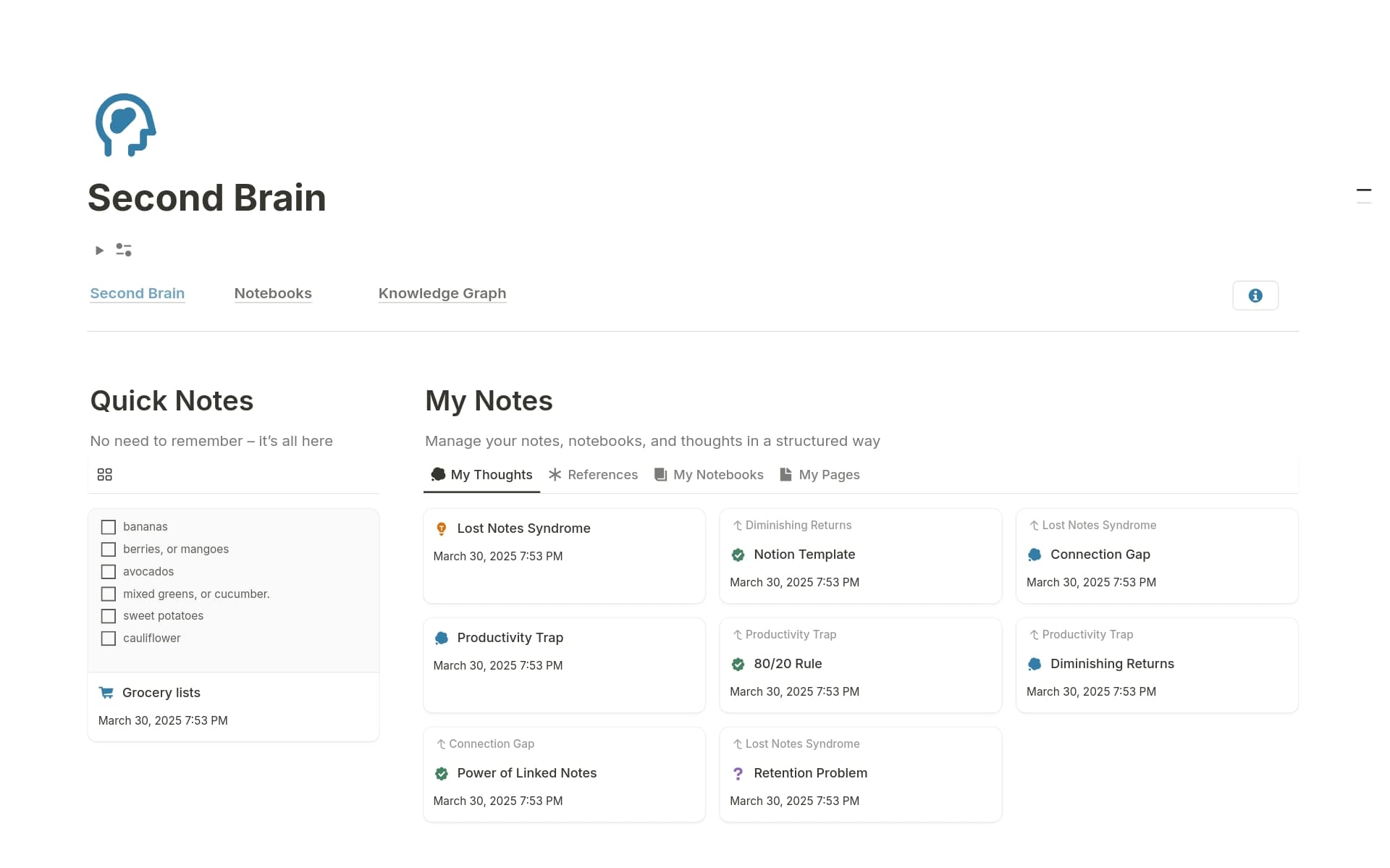 A template preview for Second Brain