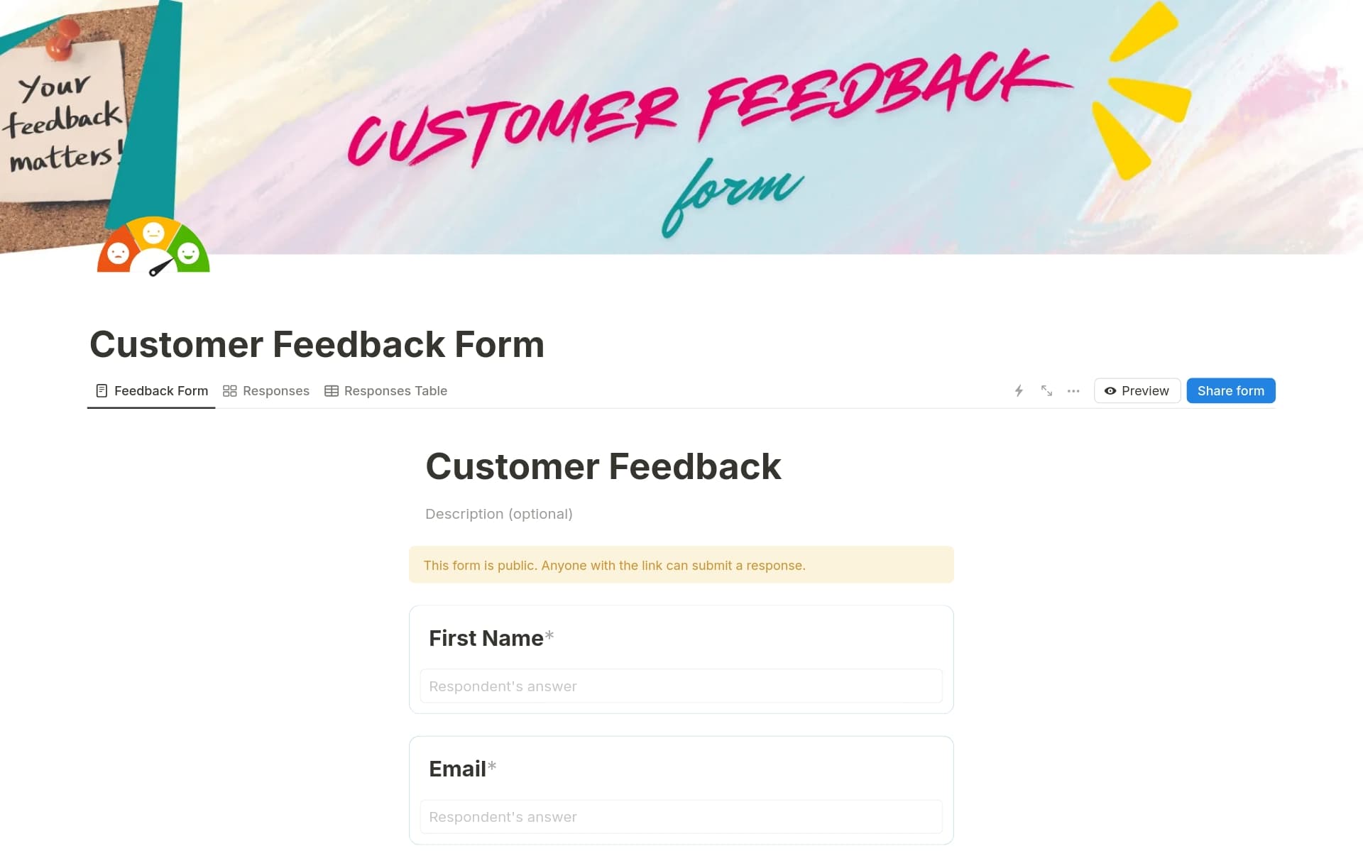 A template preview for Customer Feedback Form