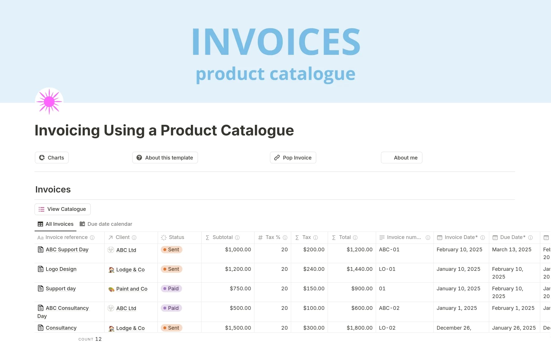 A template preview for Invoicing with a Product Catalogue