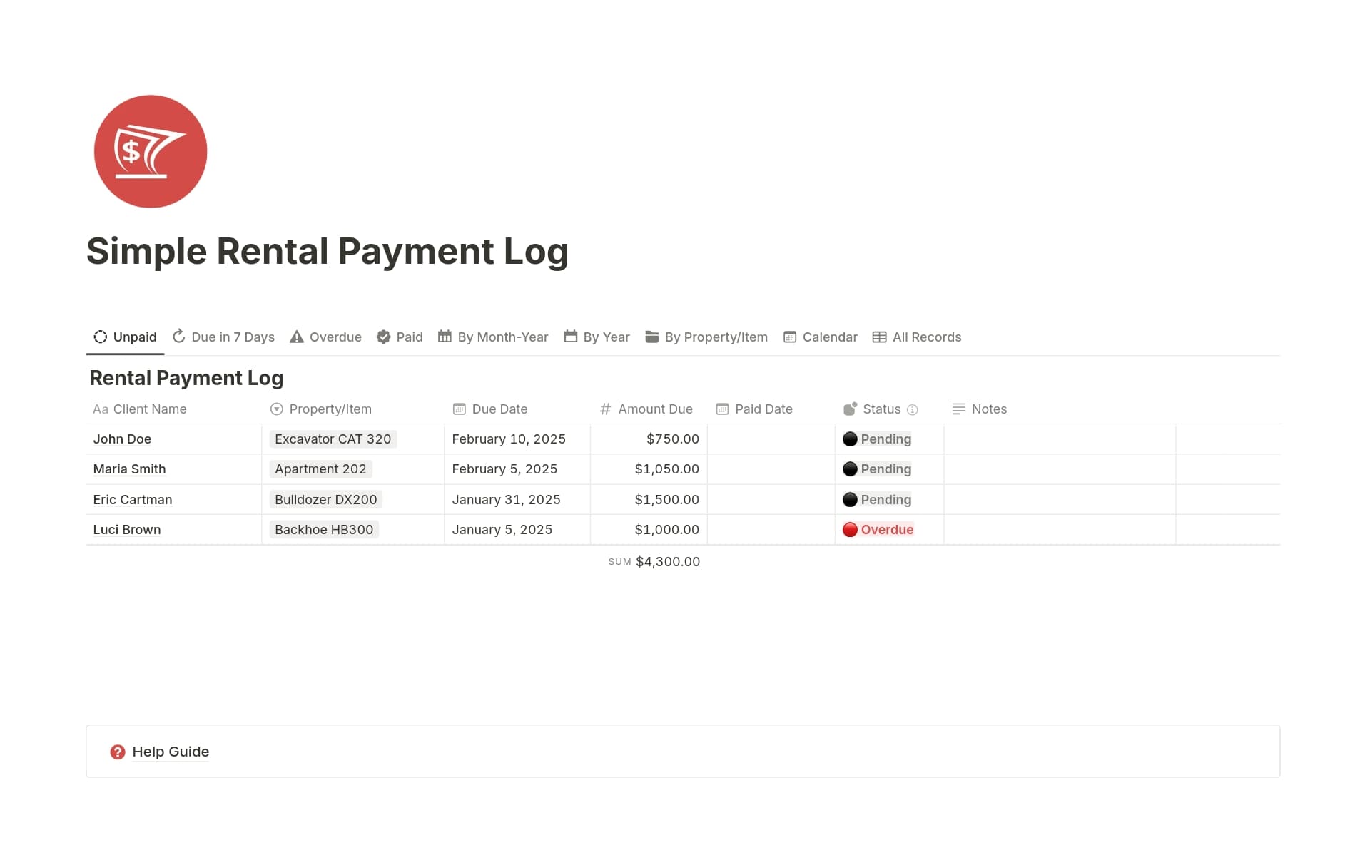 A template preview for Simple Rental Payment Log