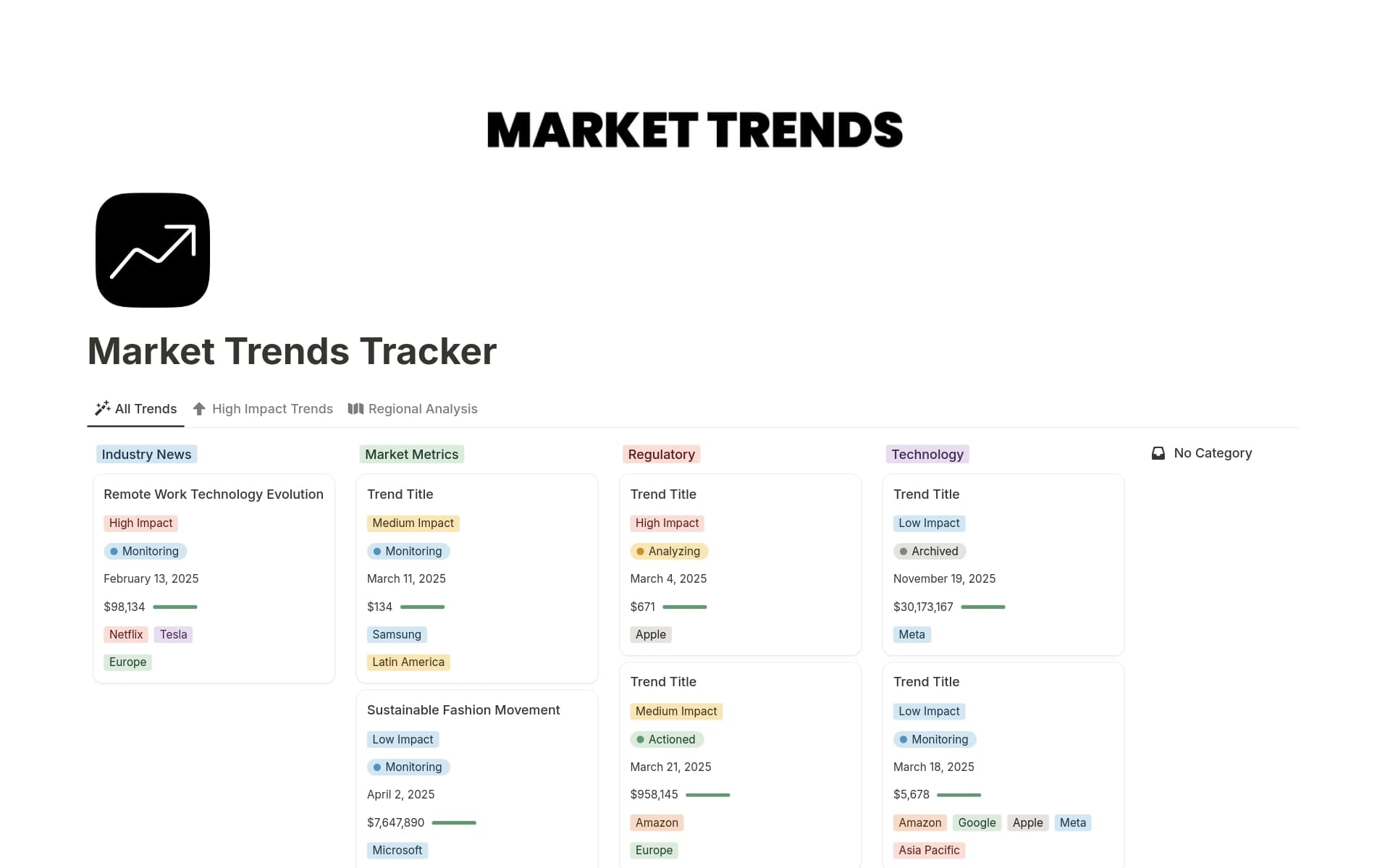 A template preview for Market Trends Tracker