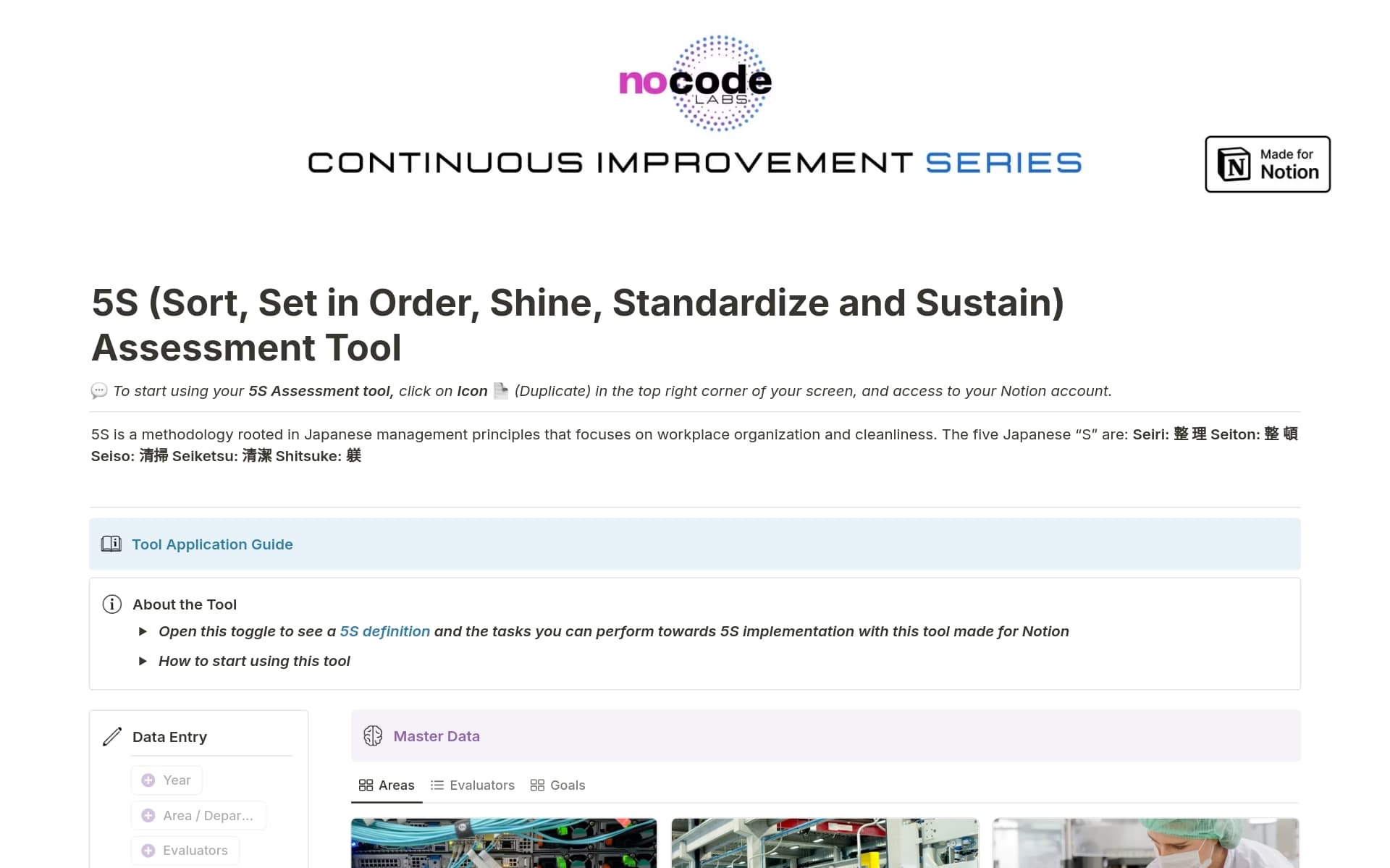 The 5S Assessment Tool serves as your guiding compass in effectively applying the renowned 5S (Sort, Set in Order, Shine, Standardize, and Sustain) methodology to optimize your workspace.