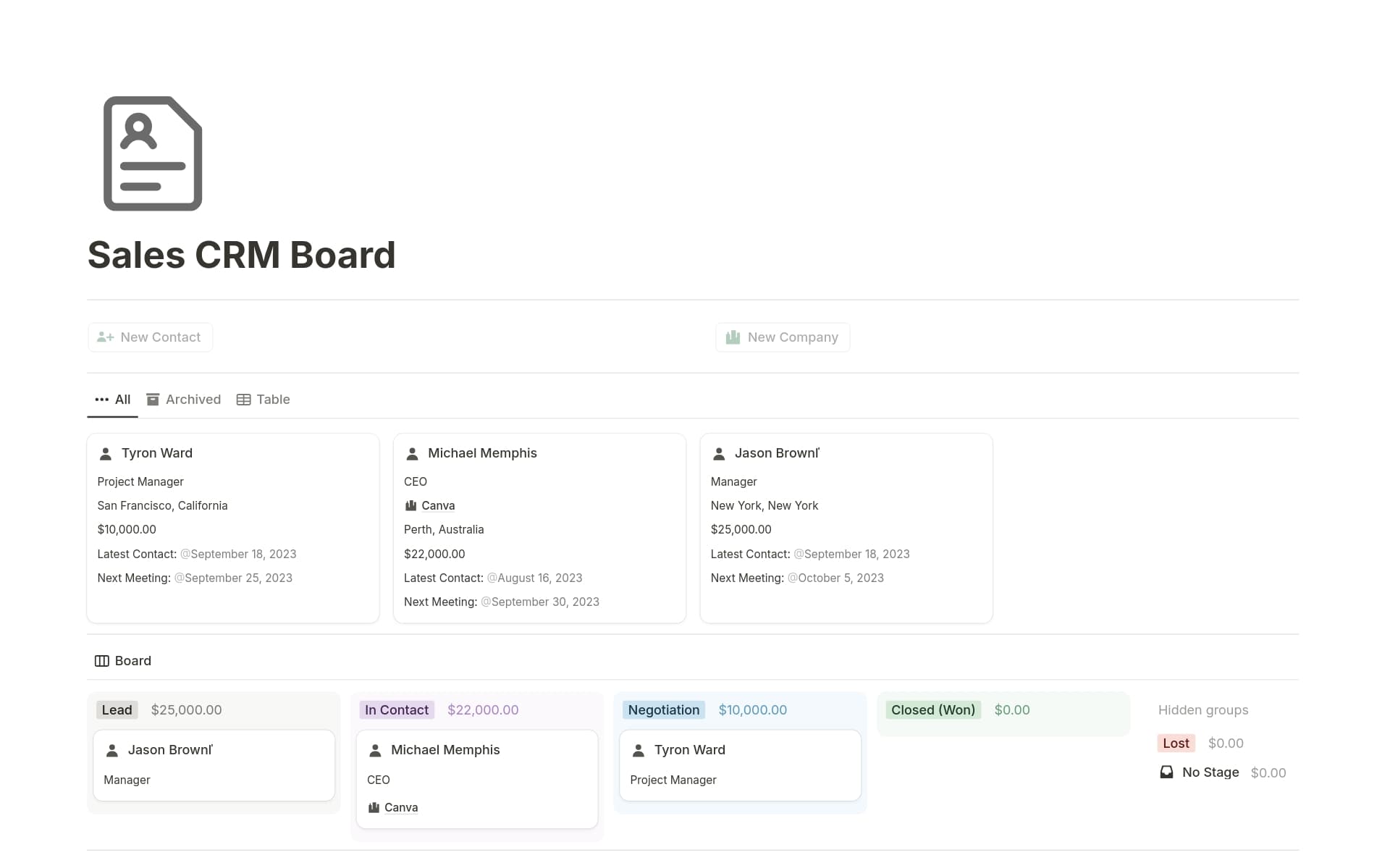 A template preview for Sales CRM Board