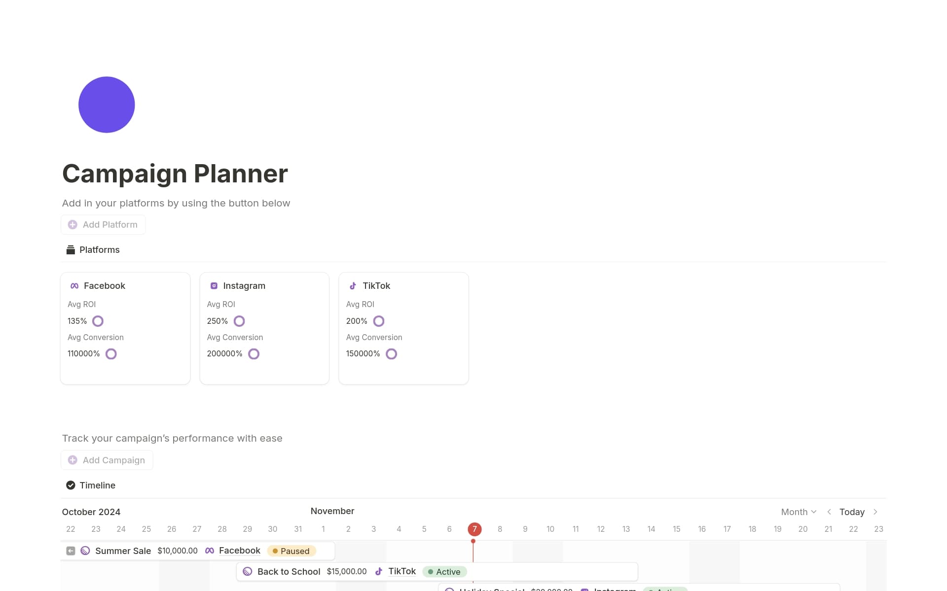 A template preview for Campaign Planner