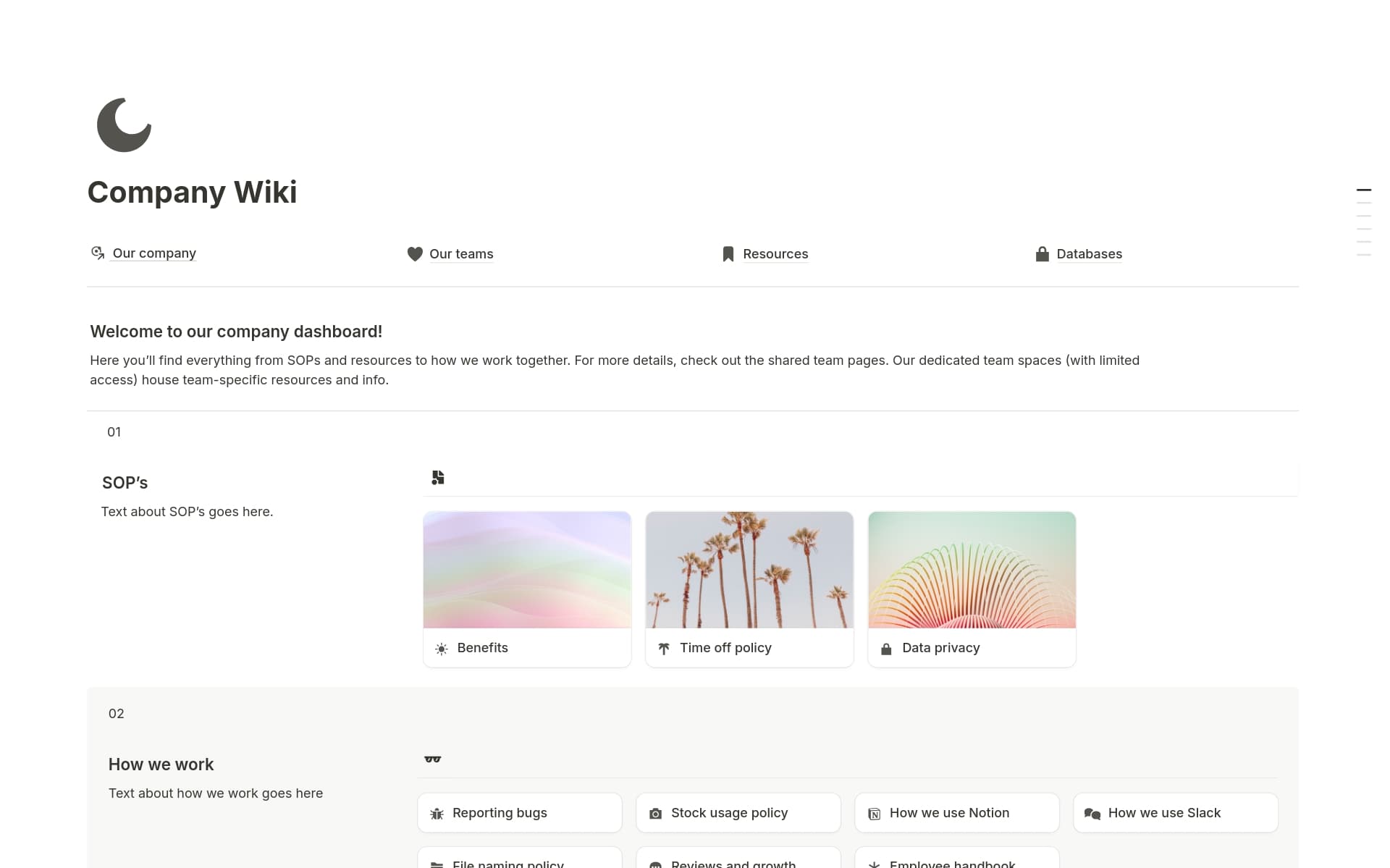 A template preview for Company Wiki