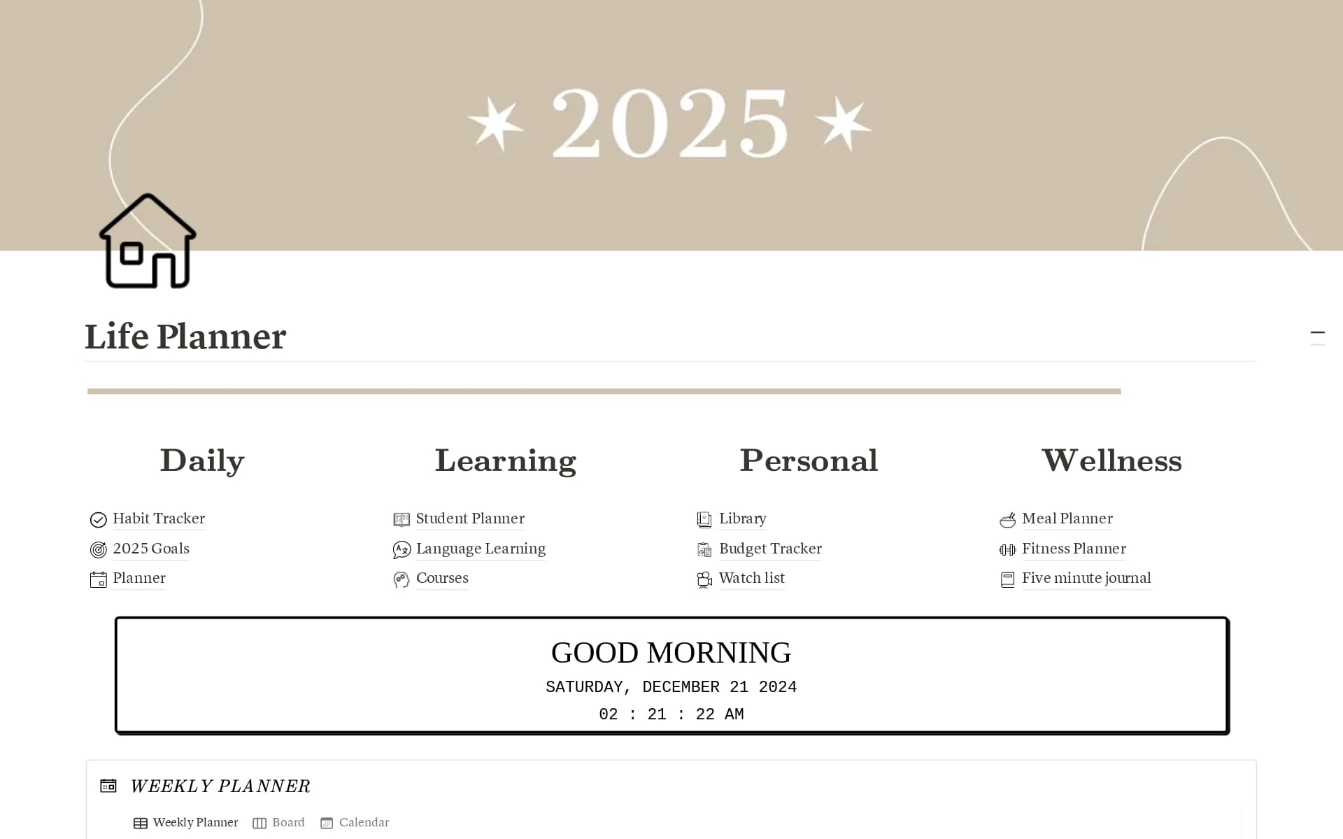 The Life Planner Dashboard 2025 is a beautifully designed and highly organized digital hub for managing all aspects of your life. This dashboard empowers users to achieve their goals, stay on track with their habits, and live intentionally in one seamless Notion workspace.