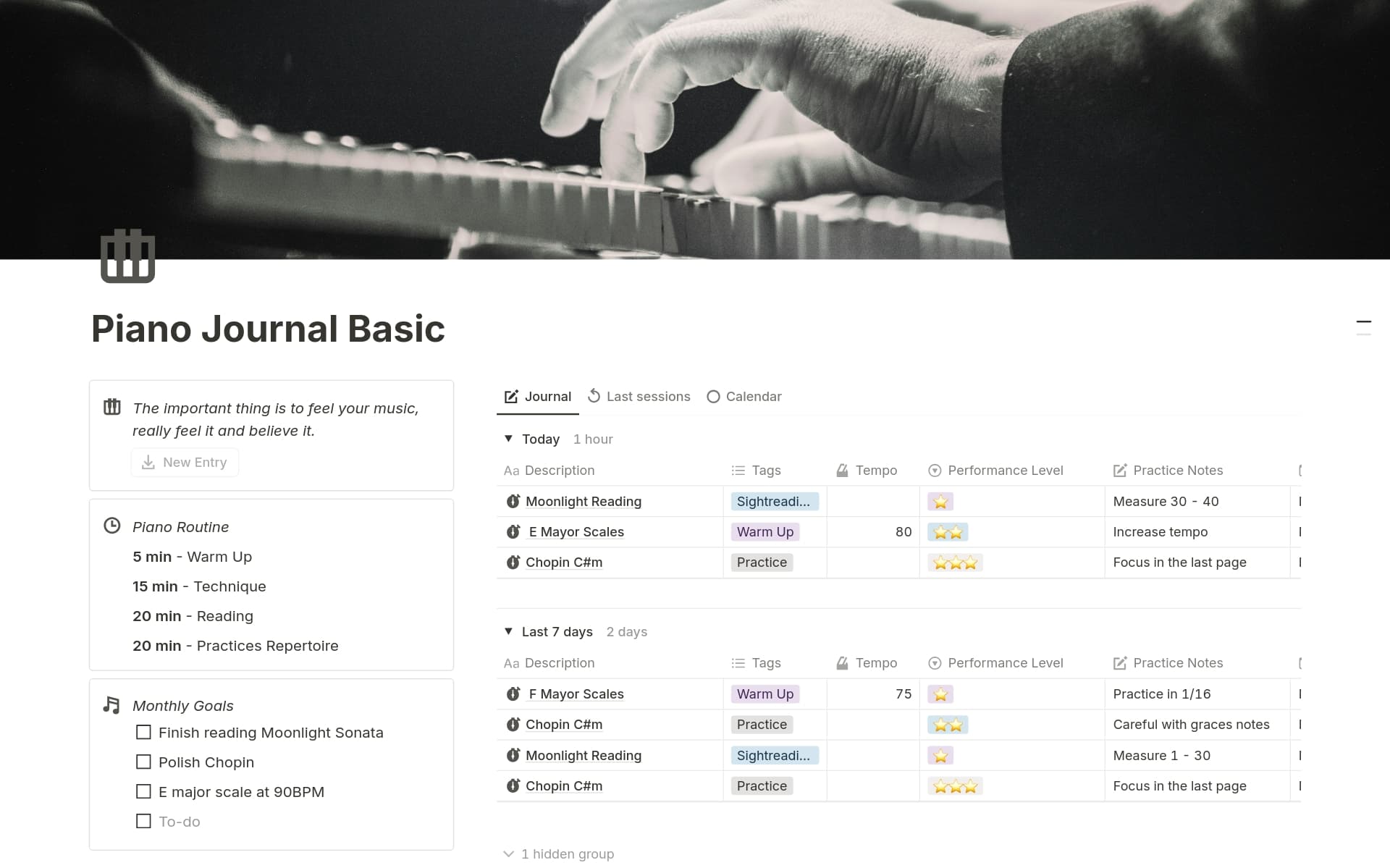 Track your piano (or any other instrument) practice with this Notion template! Organize your sessions, set goals, log progress, and monitor key areas like technique, pieces, and theory. Perfect for beginners and advanced players to stay consistent and achieve musical growth. 🎹✨