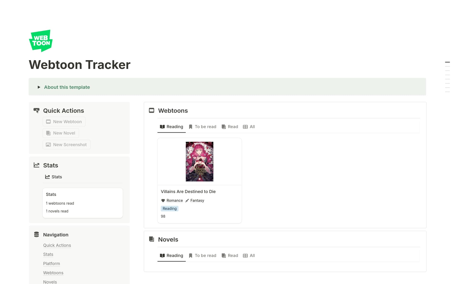 A template preview for Webtoon Tracker