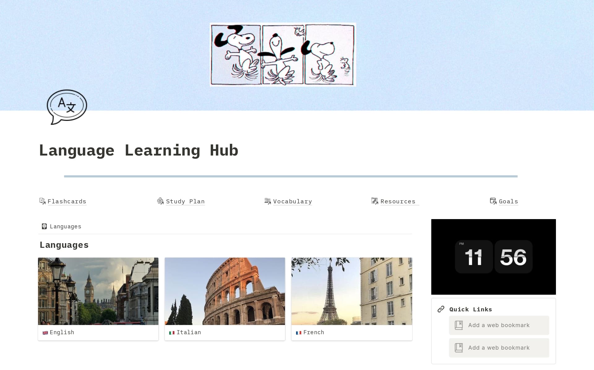 A template preview for Learning Language Hub