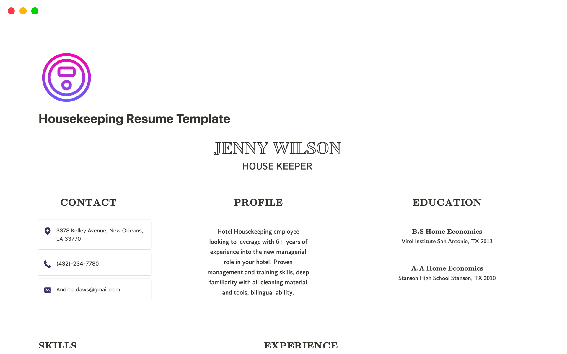 ๐งน Housekeeping Harmony: Minimal Resume Edition ๐
Embark on a journey of simplicity and professionalism with our Housekeeping Minimal Resume Template, meticulously crafted to guide you through presenting your skills and experiences in the field.