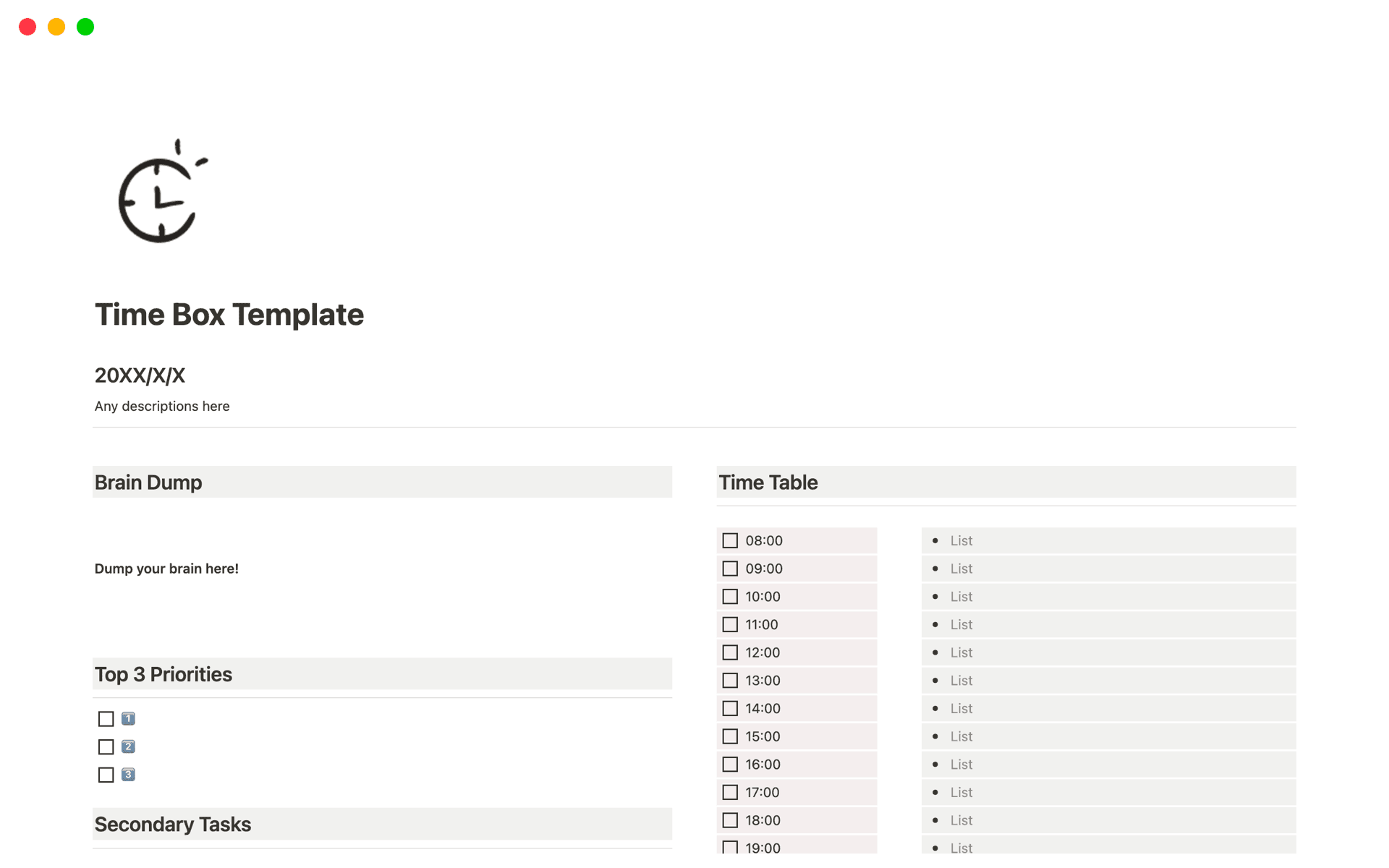 A template preview for Time Box