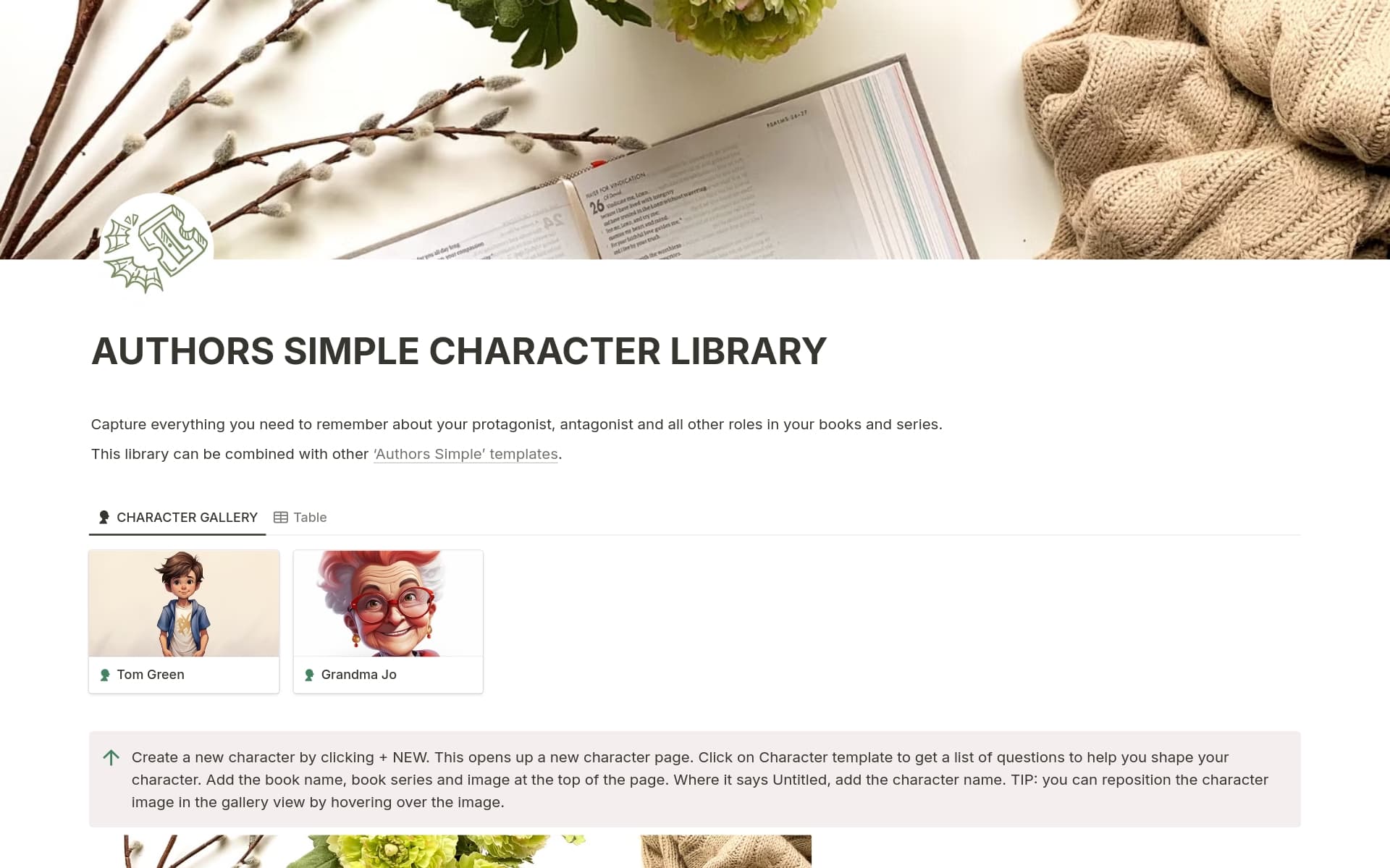 A template preview for Authors Simple Character Library