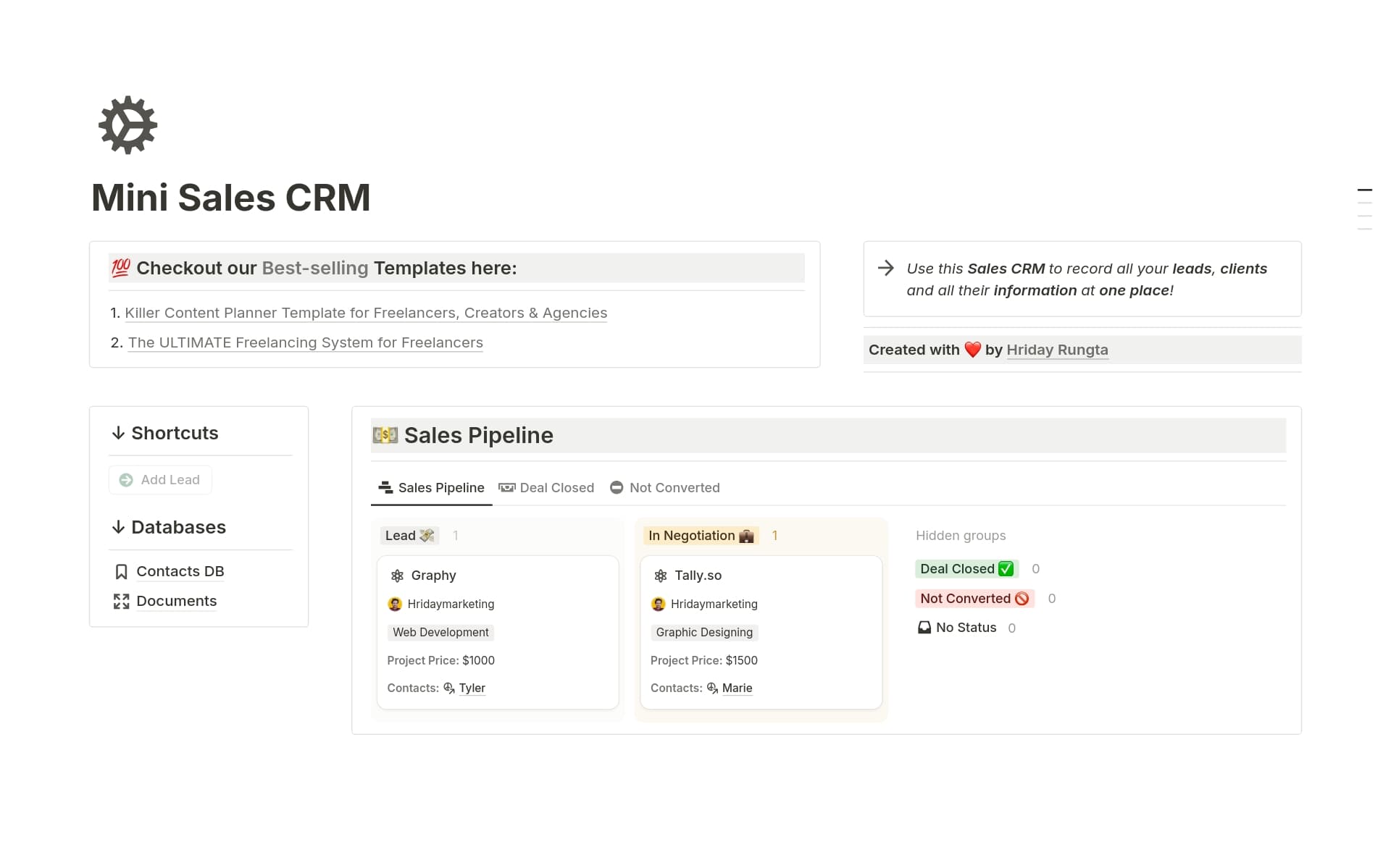 A template preview for Mini Sales CRM