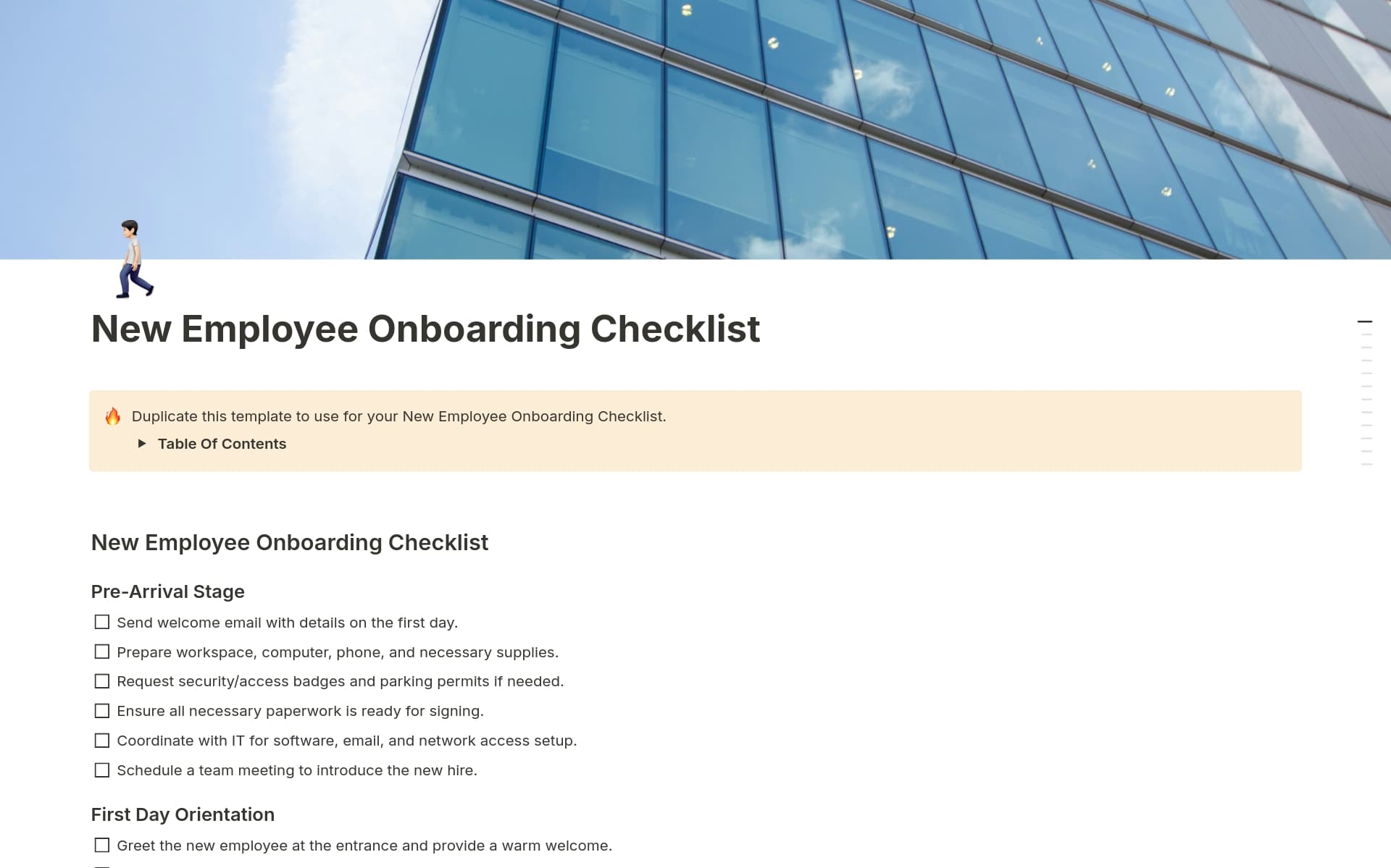 Streamline your onboarding process with this New Employee Onboarding Checklist template for HR managers. Covering pre-arrival, training, cultural integration, and feedback, it ensures a seamless transition for new hires. Perfect for HR, project management, and team building.